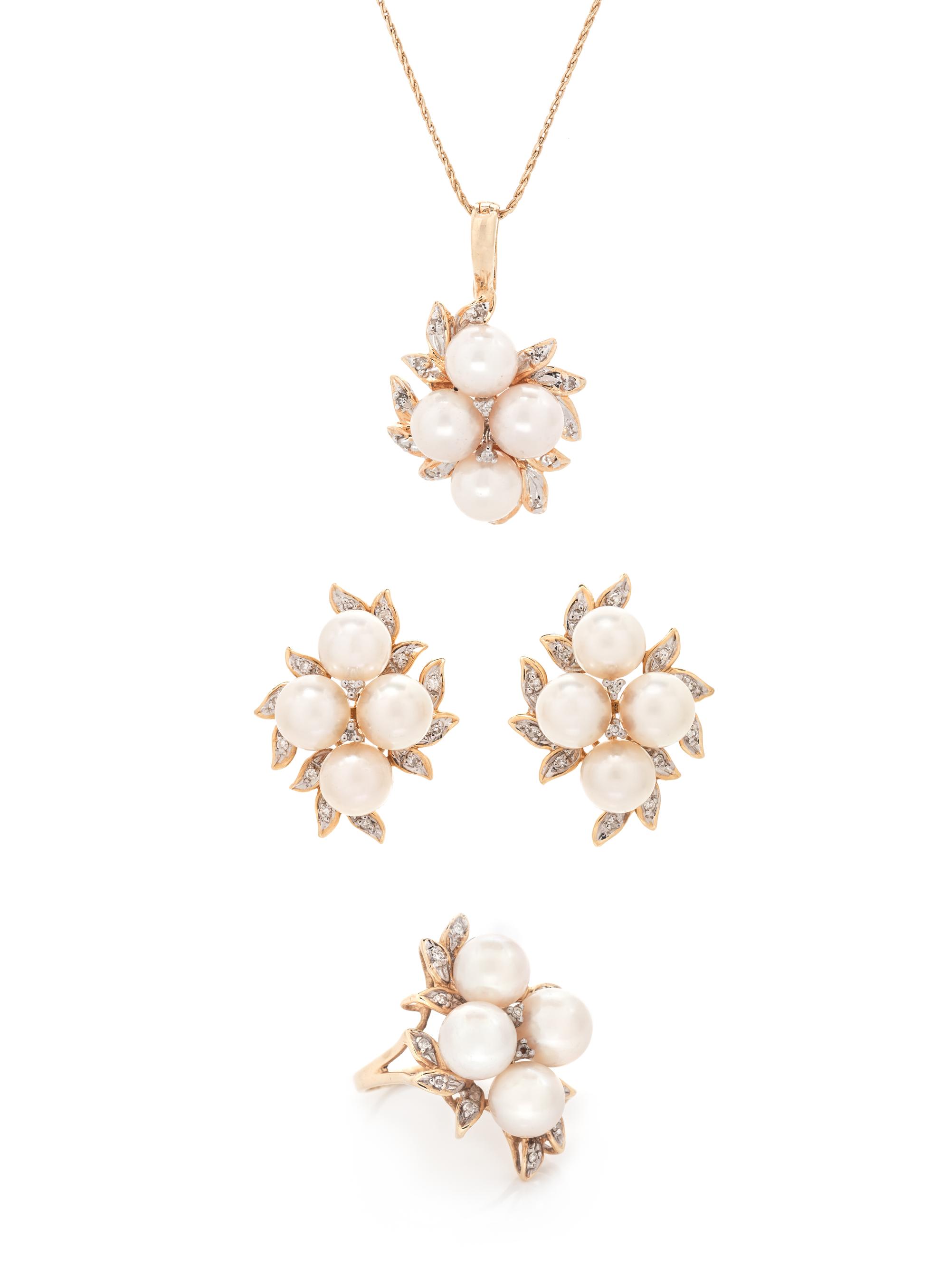 A 14 Karat Bicolor Gold, Cultured Pearl and Diamond Demi-Parure,