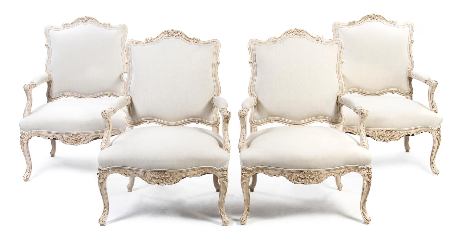 A Set of Four Louis XV Style Painted Fauteuils, Height 39 1/2 inches.