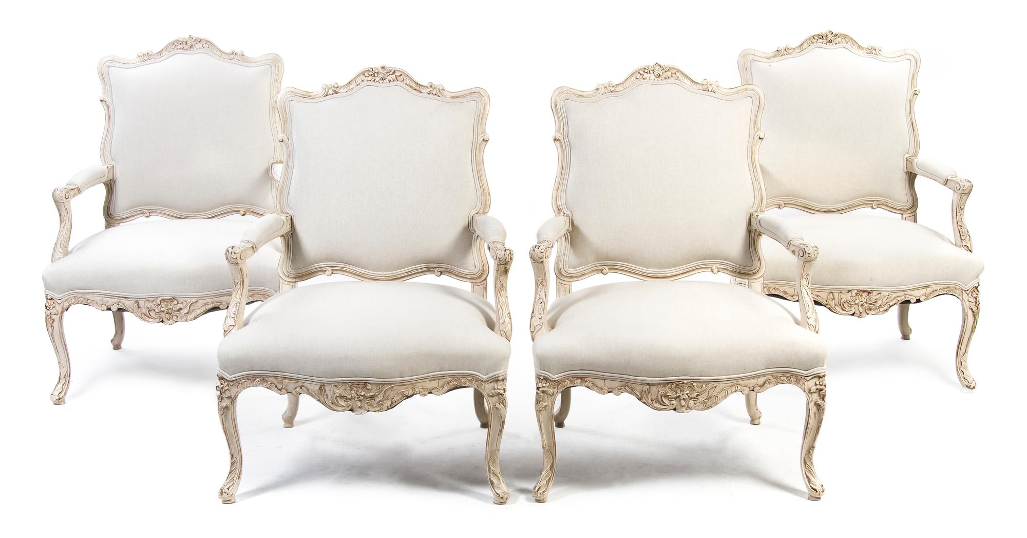 A Set of Four Louis XV Style Painted Fauteuils, Height 39 1/2 inches.
