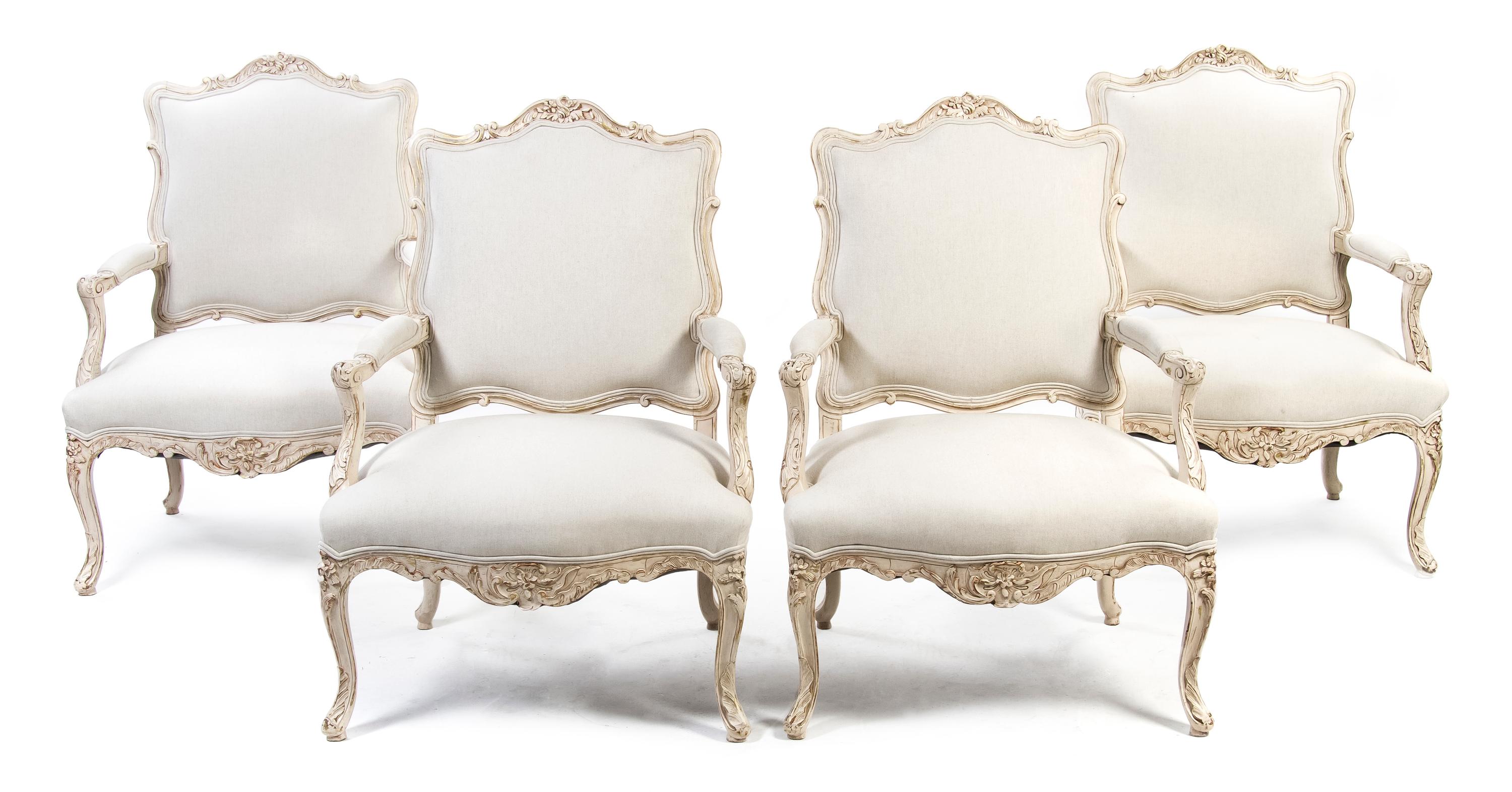 A Set of Four Louis XV Style Painted Fauteuils, Height 39 1/2 inches.