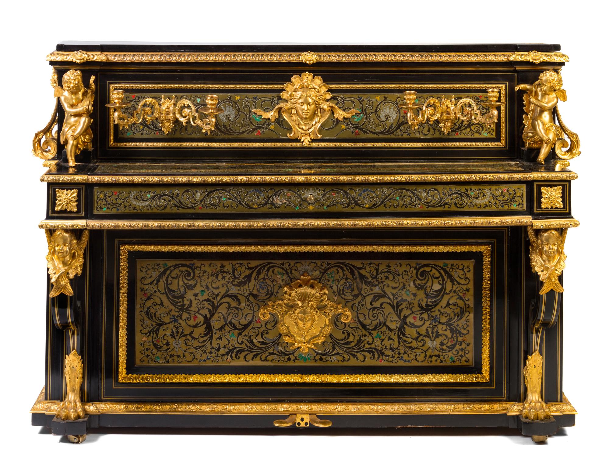 A Napoleon III Gilt Bronze Mounted Boulle Marquetry Upright Piano Height 44 5/8 x width 62 1/4 x depth 24 inches. — THE CASE BY GEORGES ALPHONSE BONIFACIO MONBRO, PARIS; THE MOVEMENT BY ERARD, MID-19TH CENTURY