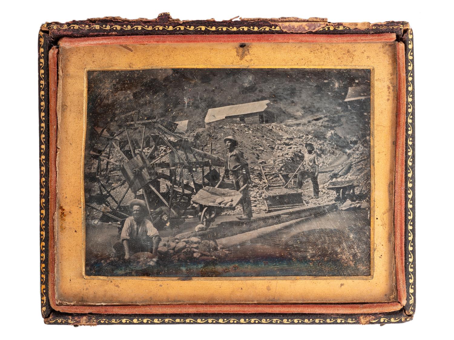 [GOLD RUSH - EARLY PHOTOGRAPHY]. Two daguerreotypes of miner William J. Jewell (1818-1885) in the California gold fields. [Poverty Bar, California], [29 July 1852].