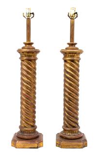 A Pair of Italian Turned Giltwood Lamps, Height overall 34 1/4 inches.
