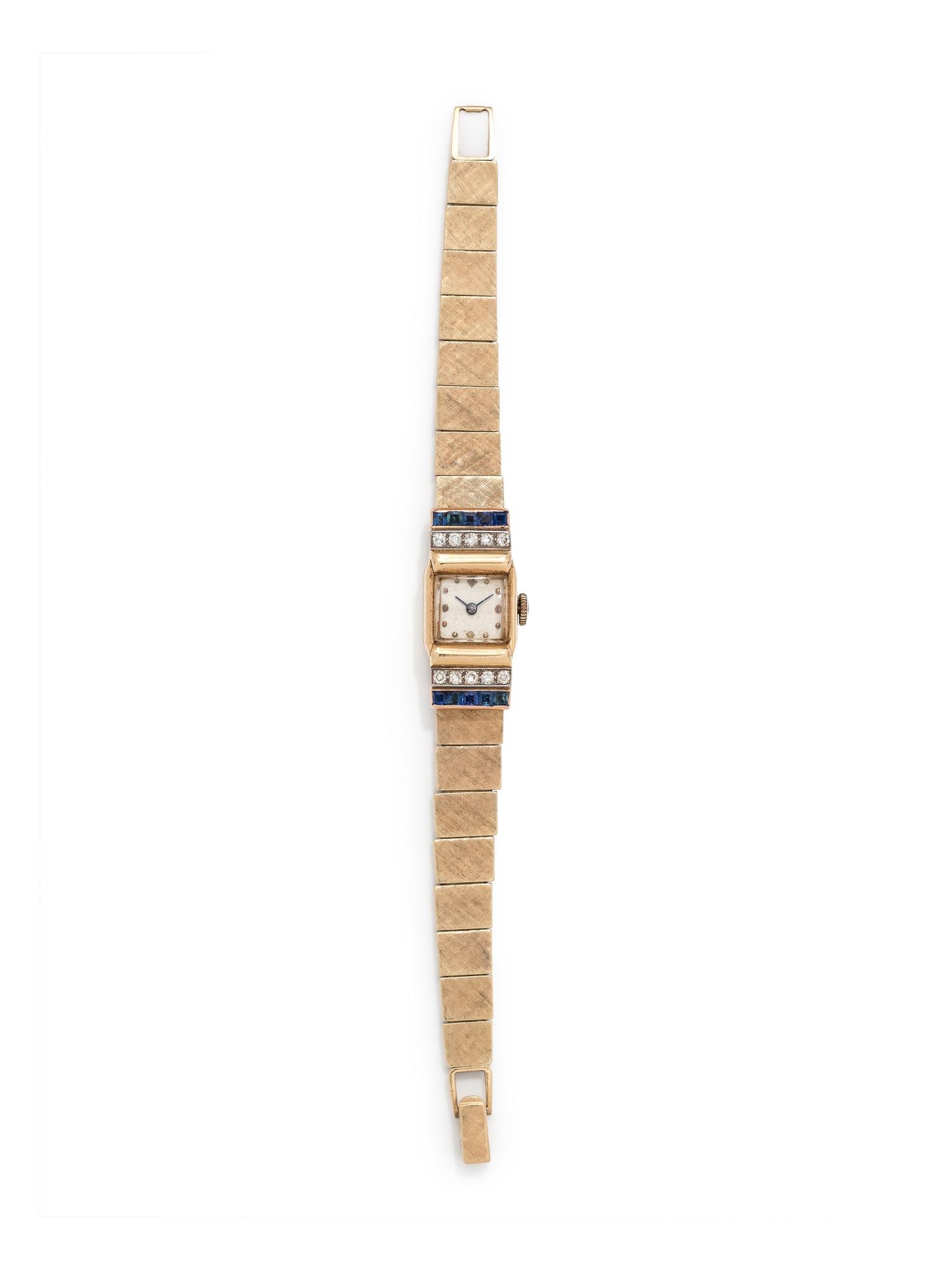 14K YELLOW GOLD, SYNTHETIC SAPPHIRE AND DIAMOND WRISTWATCH