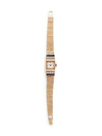 14K YELLOW GOLD, SYNTHETIC SAPPHIRE AND DIAMOND WRISTWATCH