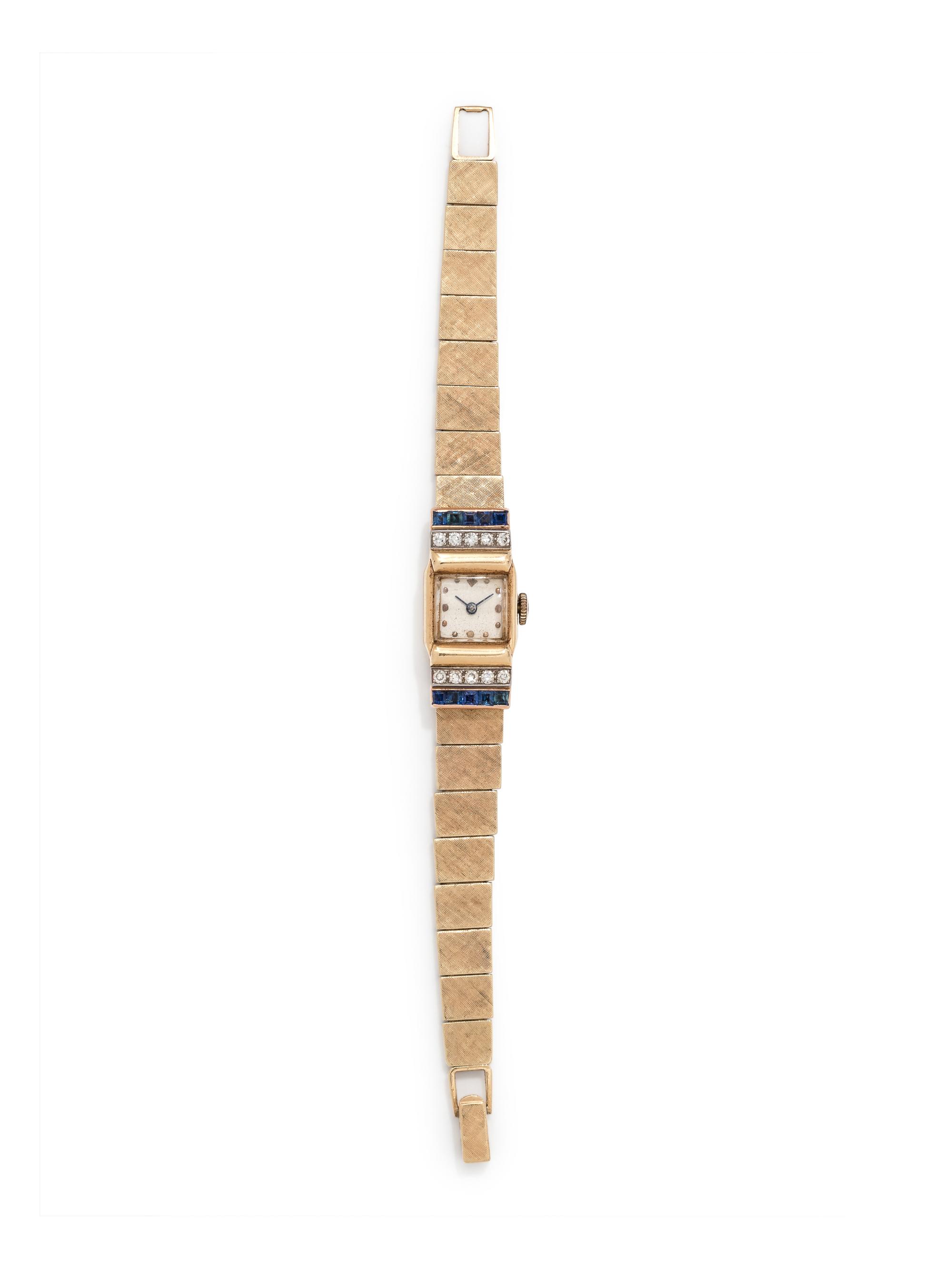 14K YELLOW GOLD, SYNTHETIC SAPPHIRE AND DIAMOND WRISTWATCH