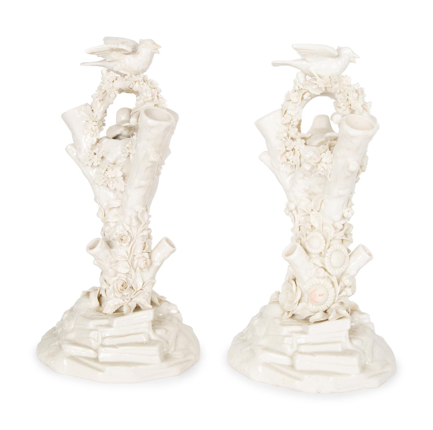 A Pair of Irish Belleek White Porcelain Bird's Nest Tree Stump Vases — LATE 19TH/EARLY 20TH CENTURY