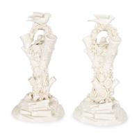 A Pair of Irish Belleek White Porcelain Bird's Nest Tree Stump Vases — LATE 19TH/EARLY 20TH CENTURY