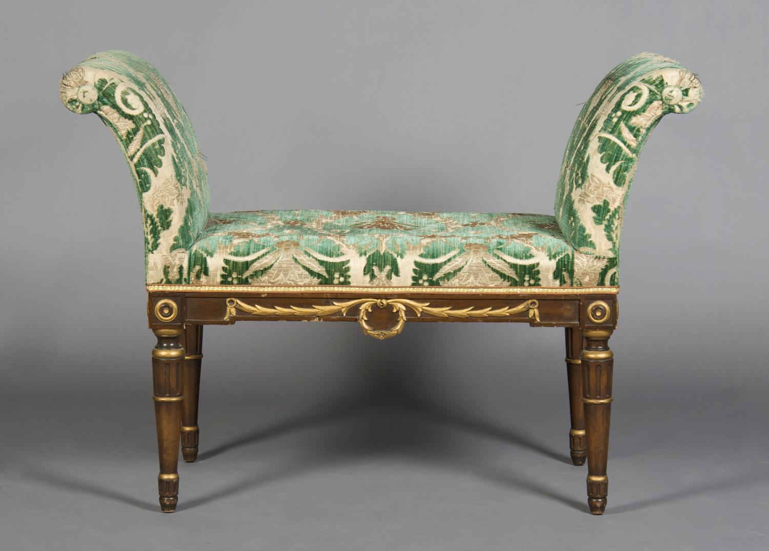 A Painted and Parcel Gilt Window Bench, Height 27 1/4 x width 39 x depth 12 1/2 inches.