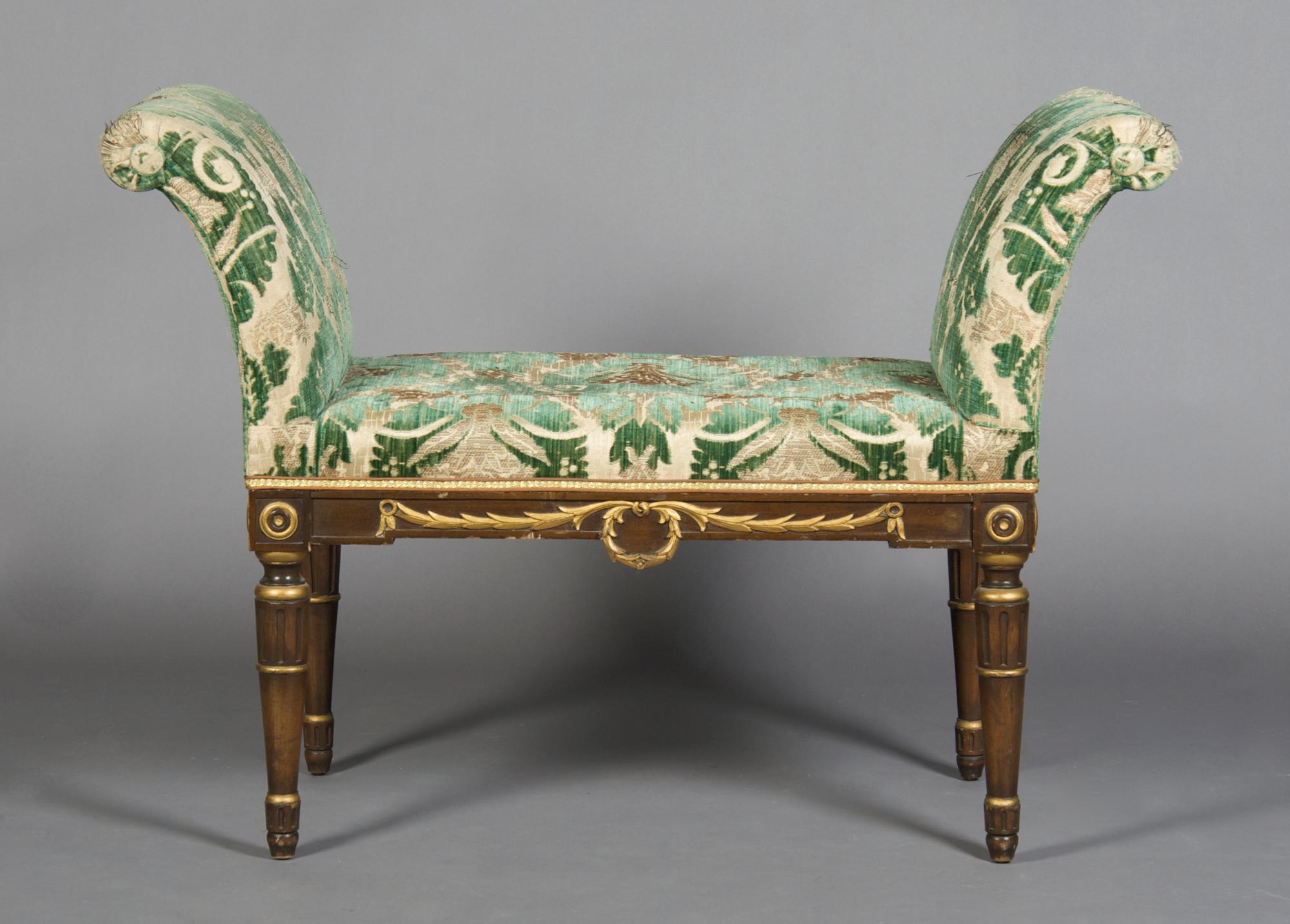 A Painted and Parcel Gilt Window Bench, Height 27 1/4 x width 39 x depth 12 1/2 inches.