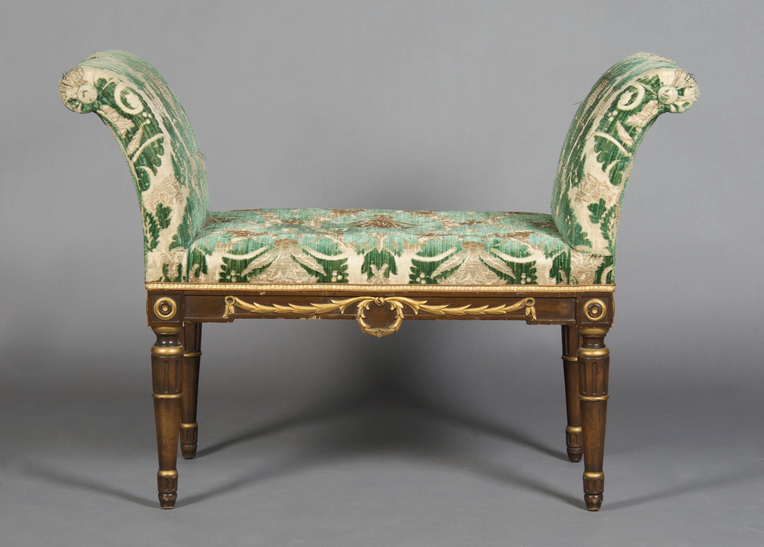 A Painted and Parcel Gilt Window Bench, Height 27 1/4 x width 39 x depth 12 1/2 inches.
