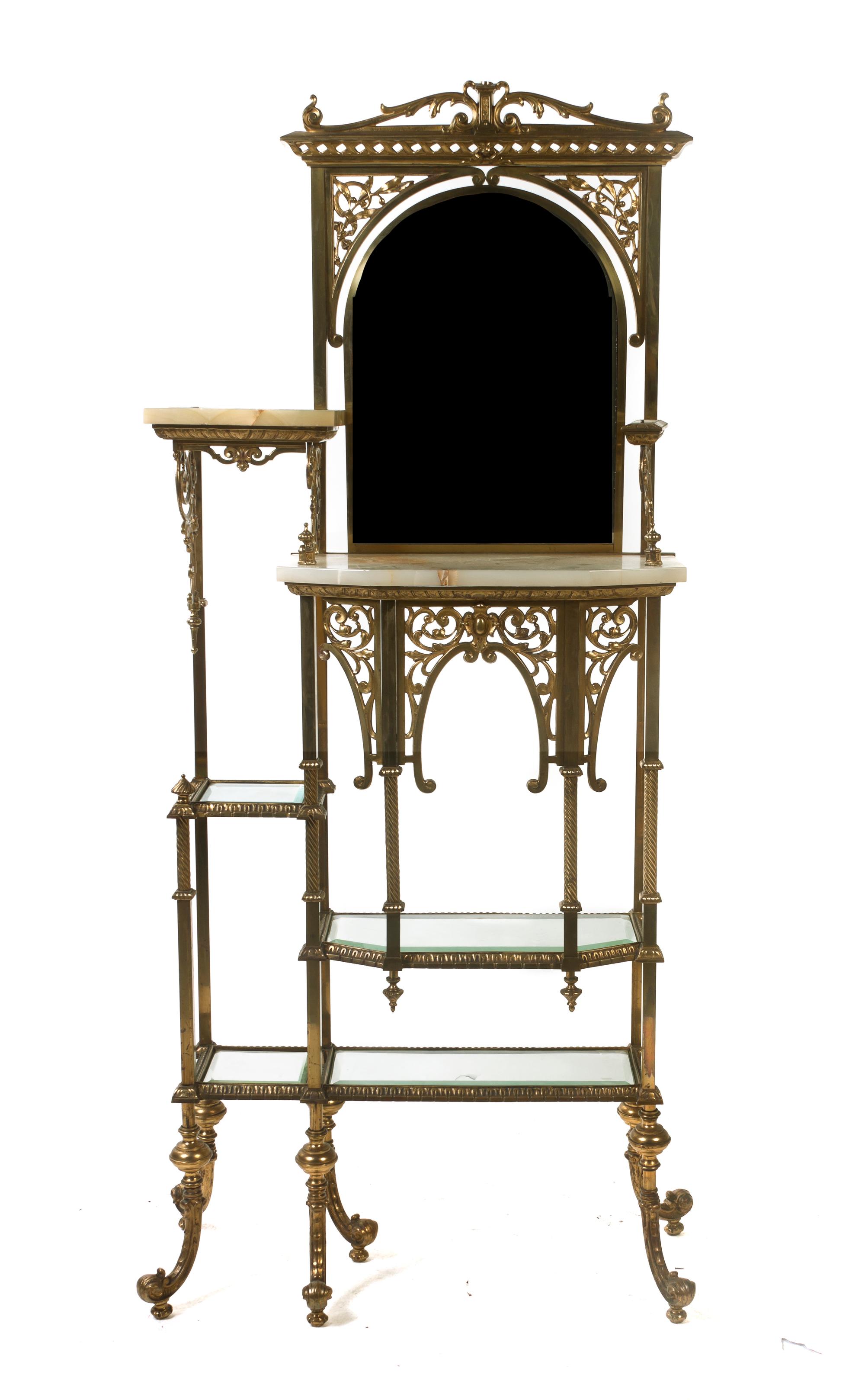 A Victorian Gilt Metal, Onyx and Glass Etagere, Height 72 x width 29 x depth 11 inches.