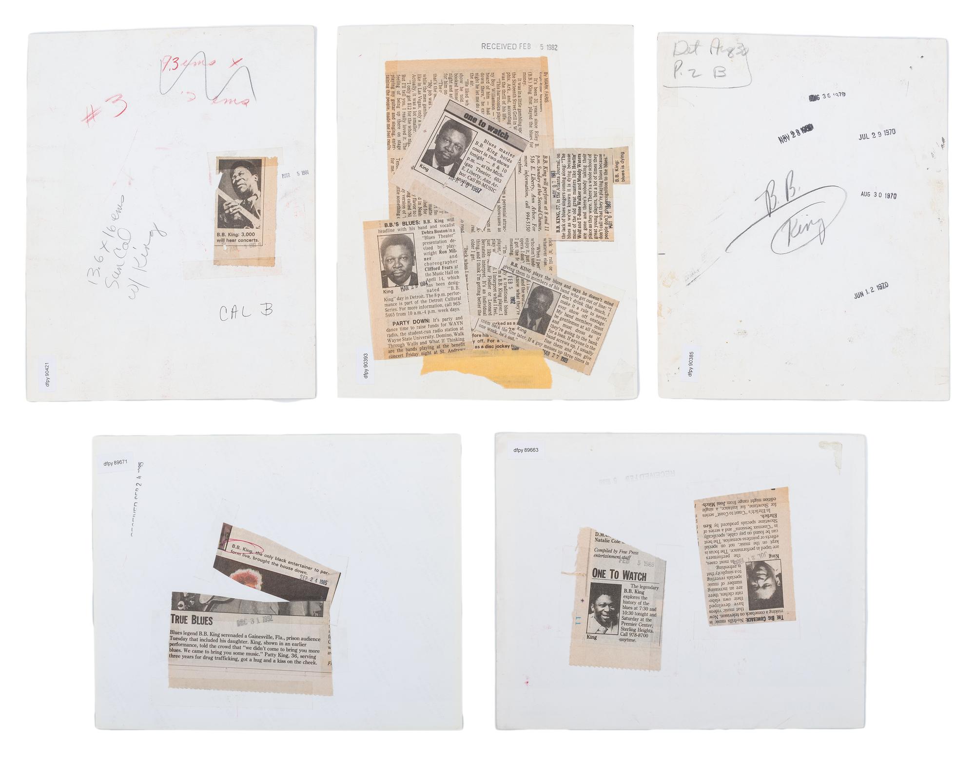 [MUSIC] -- [KING, B.B. (1925-2015)]. A group of 6 items related to B.B. King, highlighted by an autographed business card (“B.B. King”), and press photographs. Ca 1970s-80s.