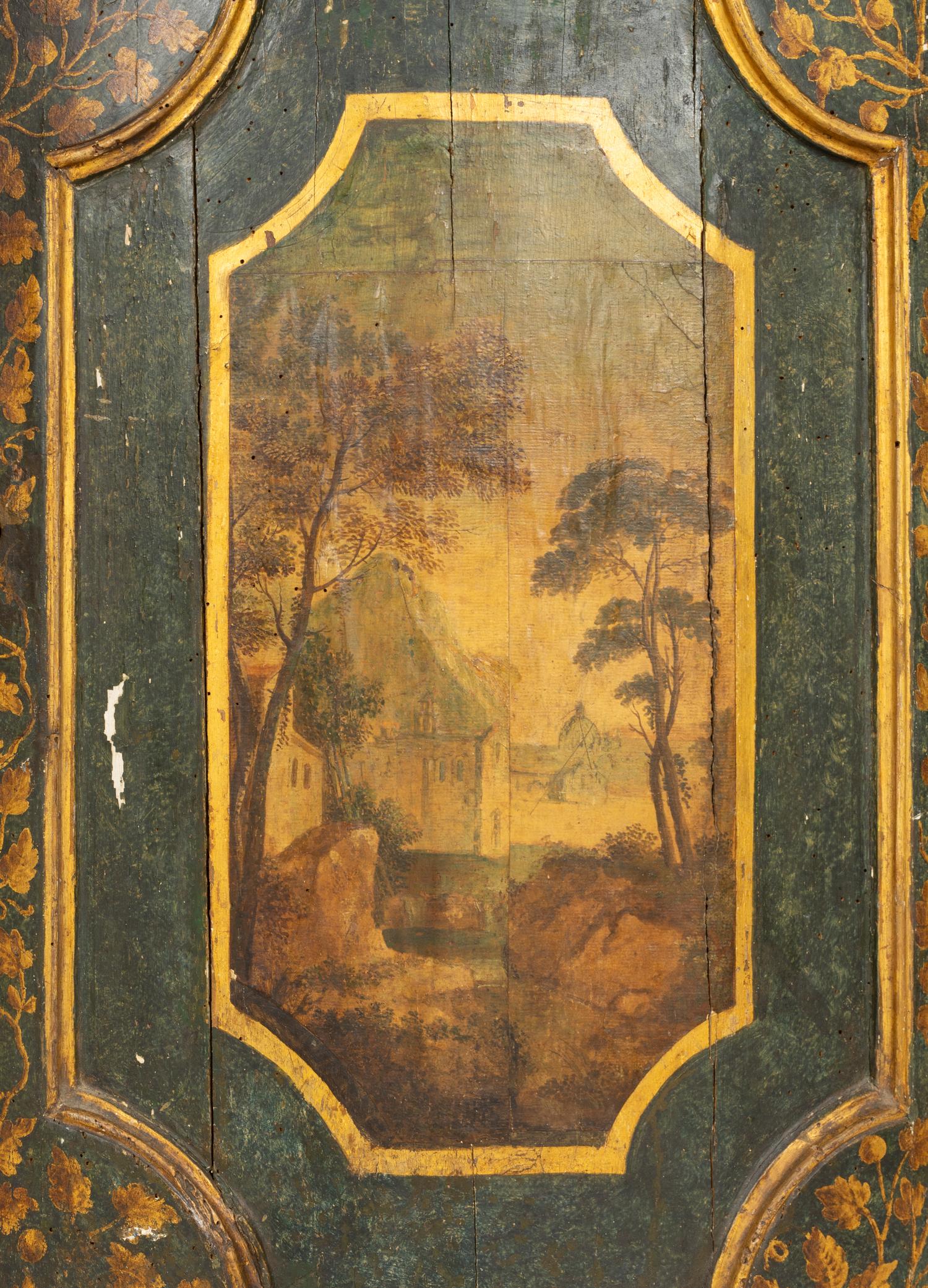A Pair of Italian Painted Faux Marble and Parcel-Gilt Corner Cabinets