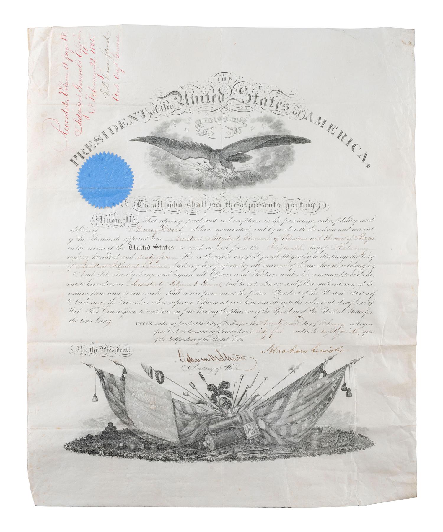 LINCOLN, Abraham (1809-1865). Partly-printed appointment signed ("Abraham Lincoln") as President of the United States. Washington, D.C. 22 February 1865.