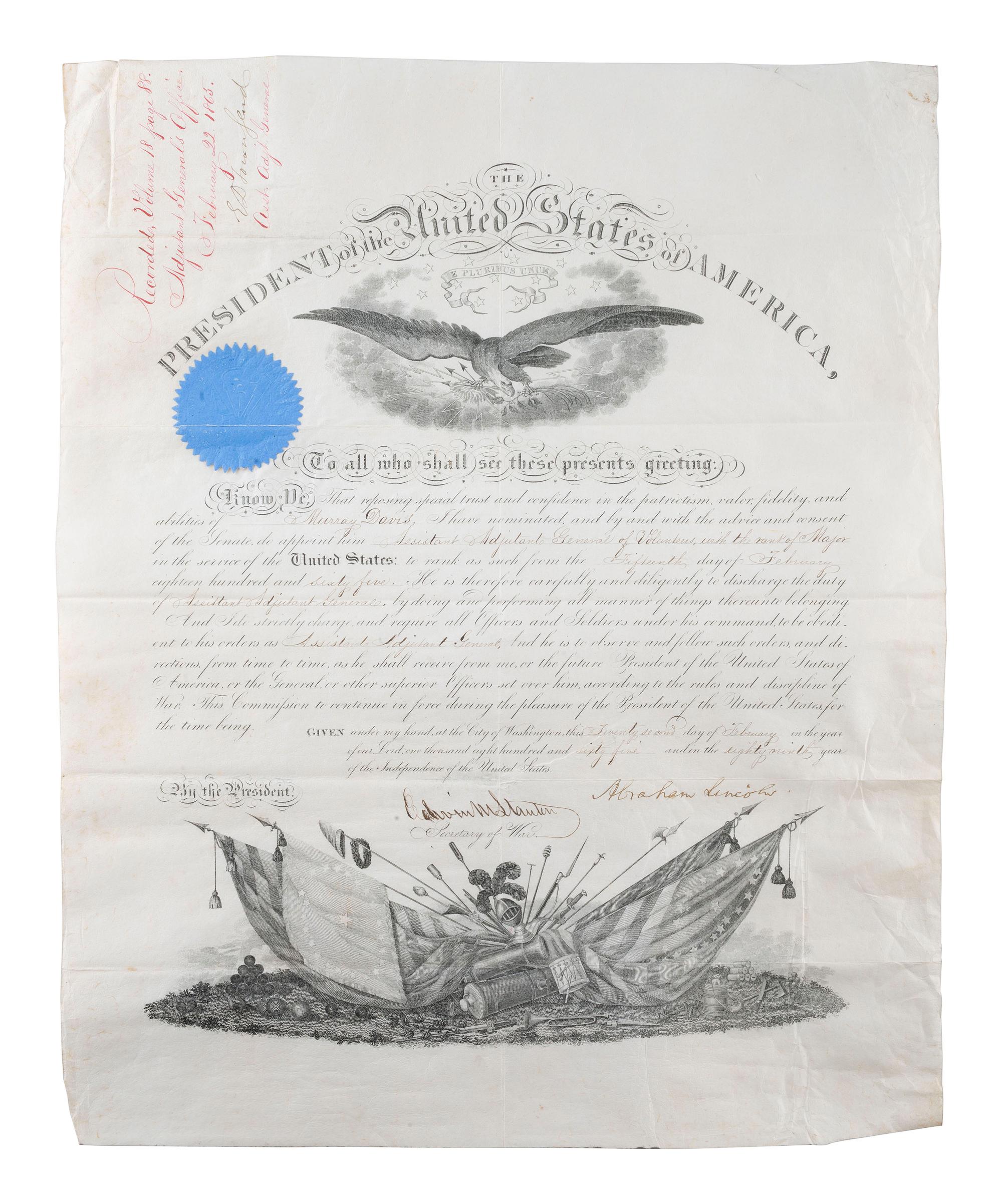LINCOLN, Abraham (1809-1865). Partly-printed appointment signed ("Abraham Lincoln") as President of the United States. Washington, D.C. 22 February 1865.