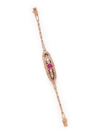 ROSE GOLD, SYNTHETIC RUBY AND DIAMOND BRACELET
