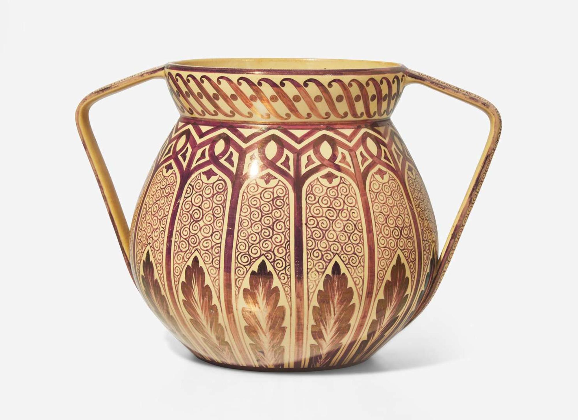 A Wedgwood Caneware Copper Lustre Decorated Handled Vase, UK, circa 1925