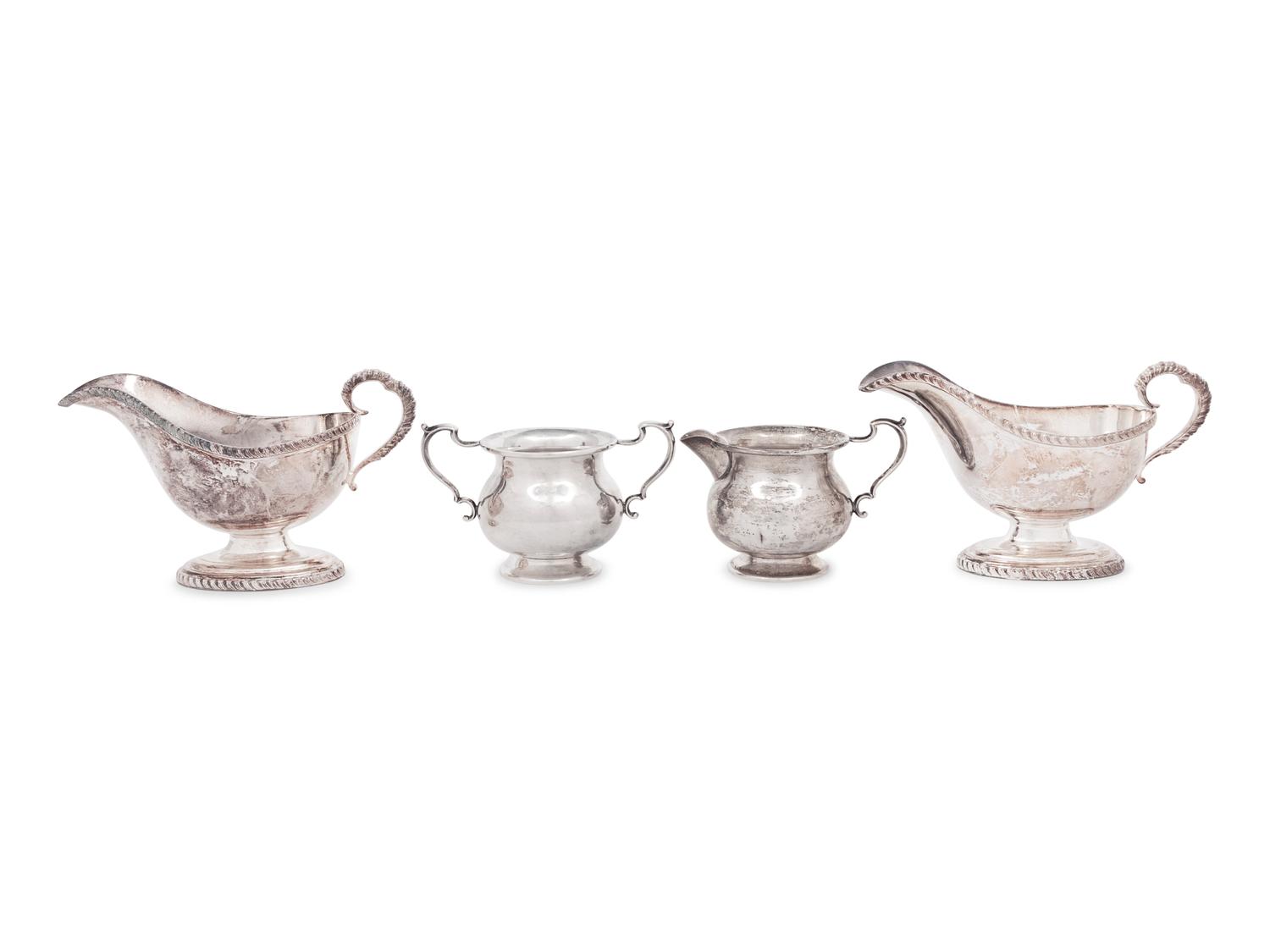 A Pair of English Silver Sauce Boats and an American Silver Sugar and Creamer Set