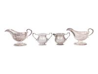 A Pair of English Silver Sauce Boats and an American Silver Sugar and Creamer Set