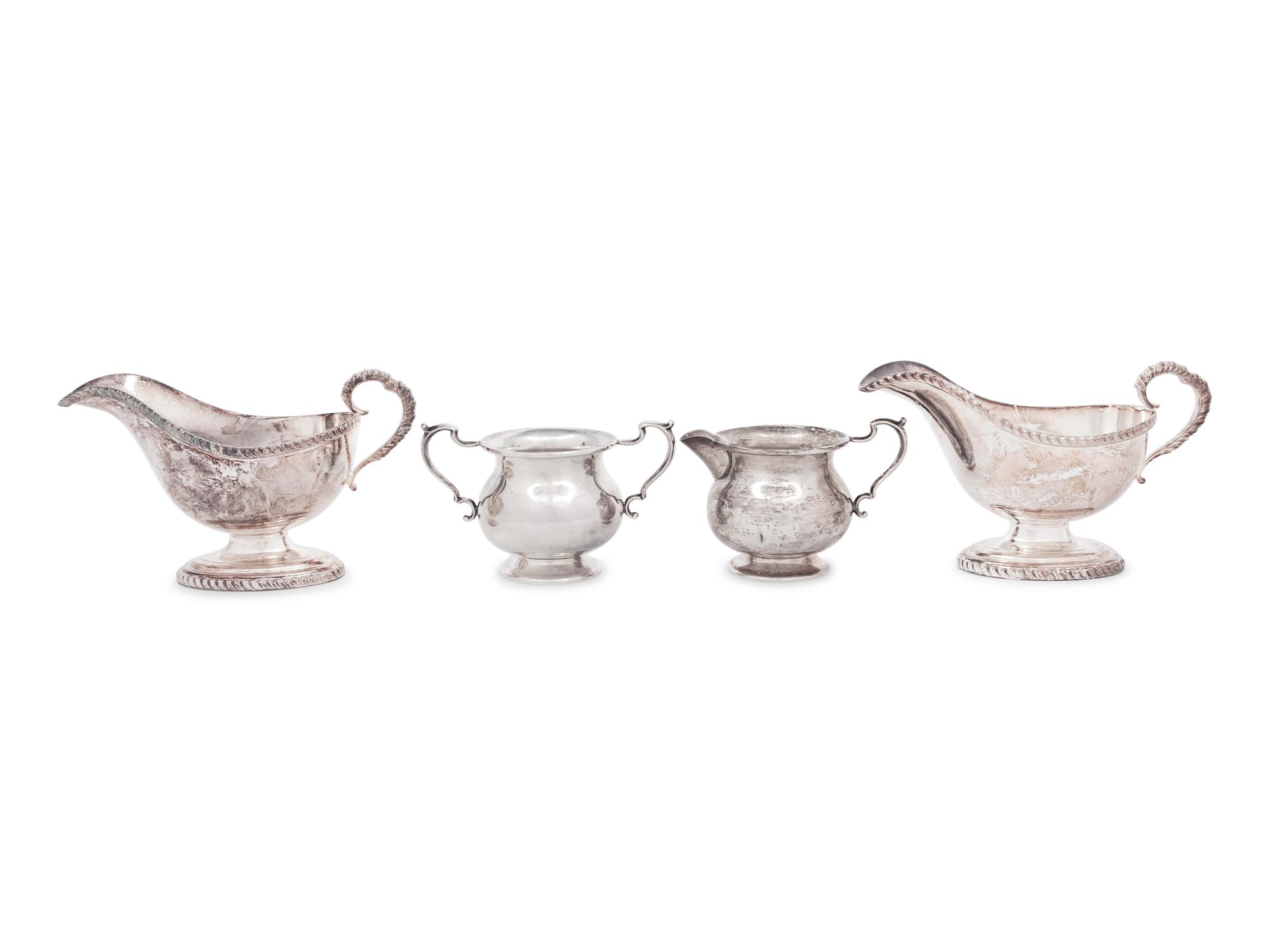 A Pair of English Silver Sauce Boats and an American Silver Sugar and Creamer Set