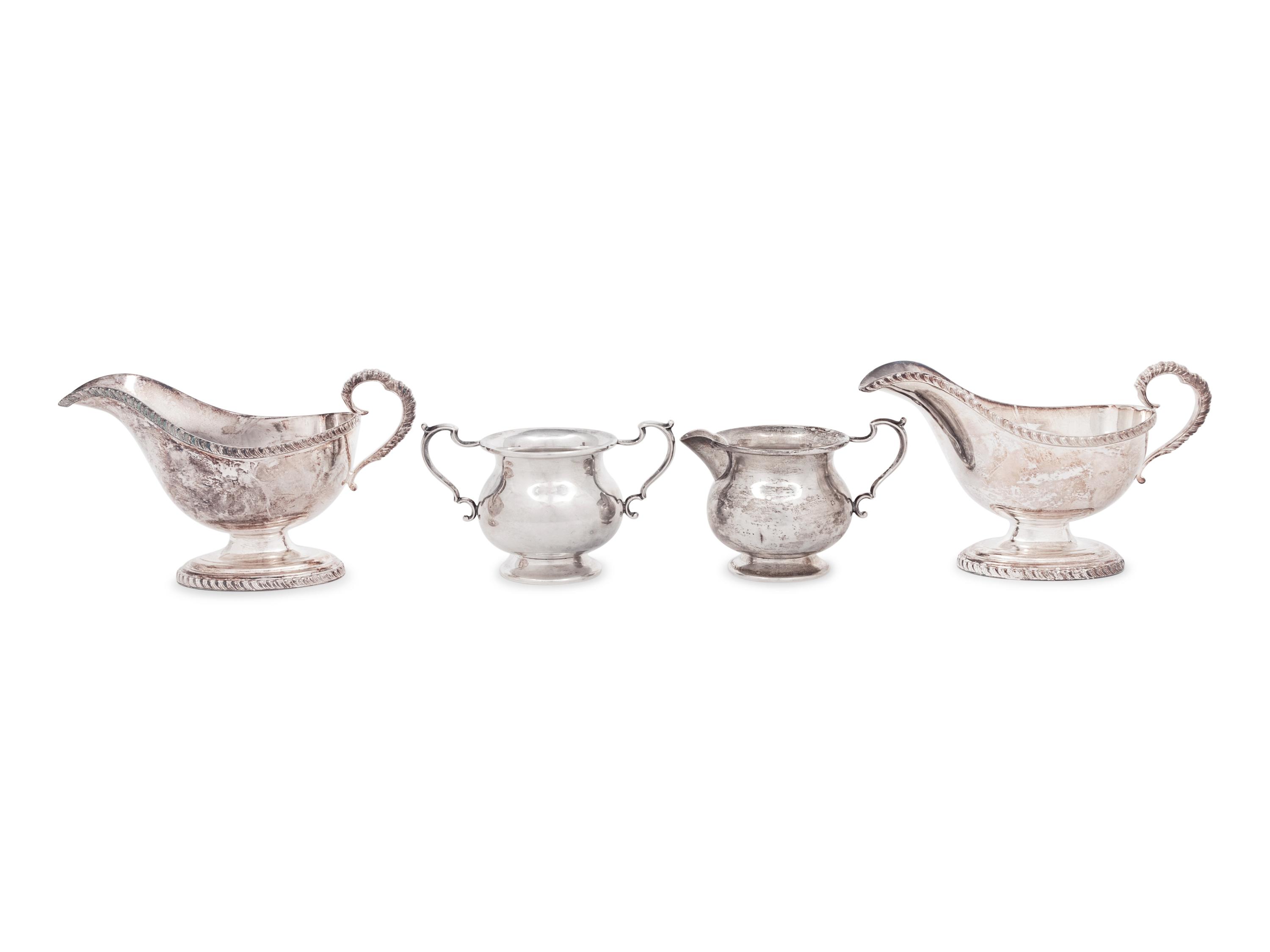A Pair of English Silver Sauce Boats and an American Silver Sugar and Creamer Set