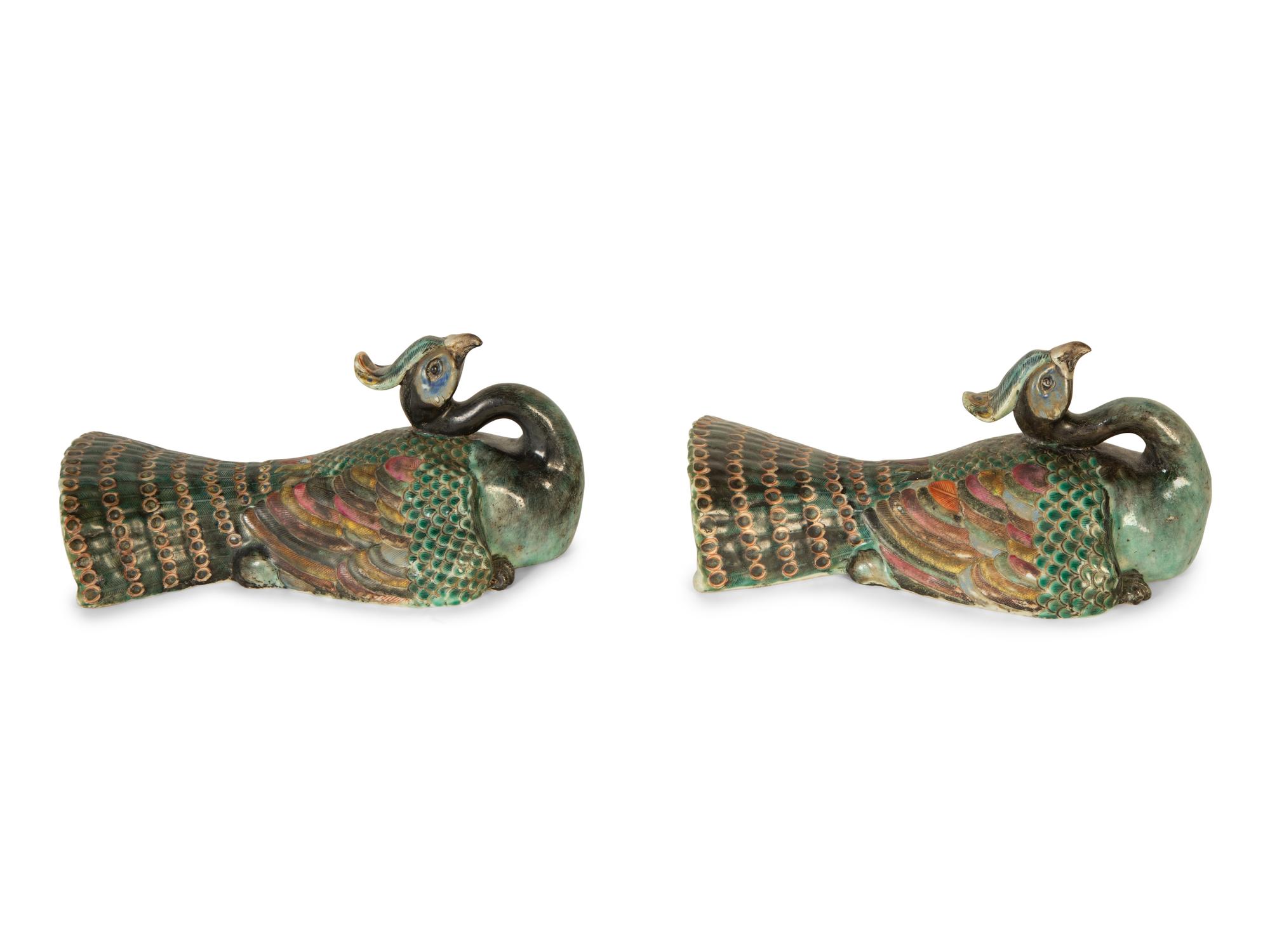 A Pair of Chinese Export Porcelain Peacock-Form Wall-Pockets