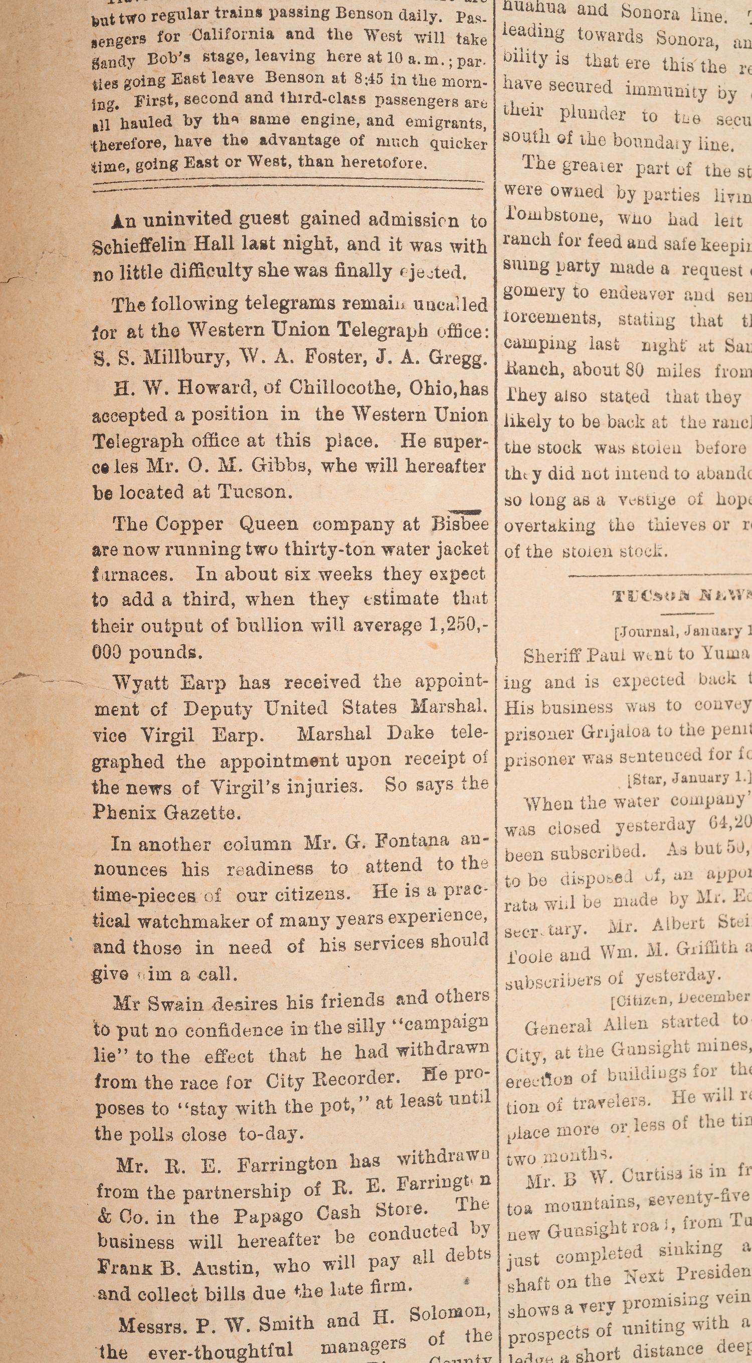 [OUTLAWS & LAWMEN]. Wyatt Earp appointed Deputy US Marshal in Tombstone Daily Nugget . Vol. 3, No. 394. Tombstone, Arizona Territory. 3 January 1882.