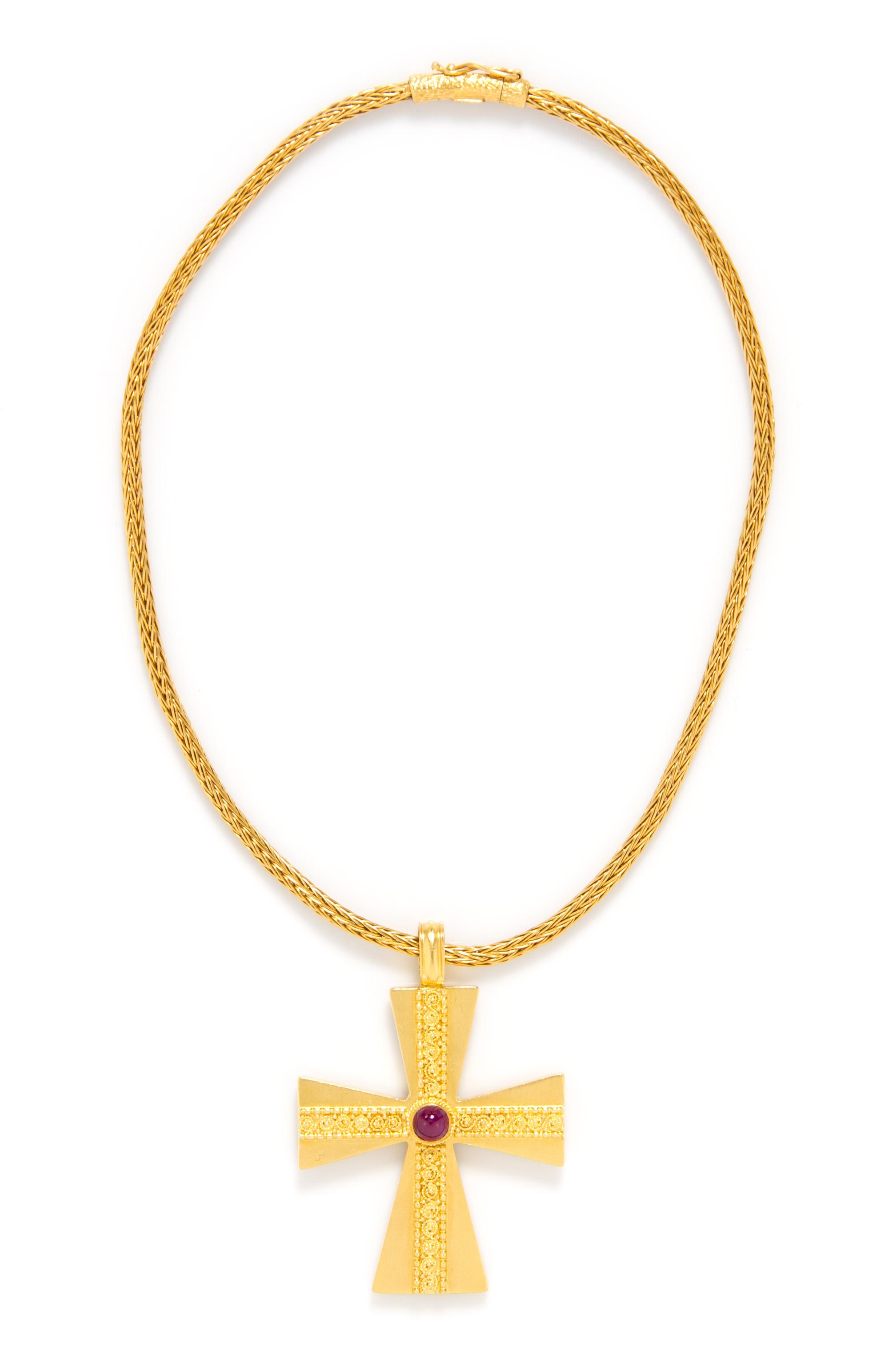 An 18 Karat Yellow Gold and Ruby Cross Necklace, Lalaounis, 27.00 dwts.