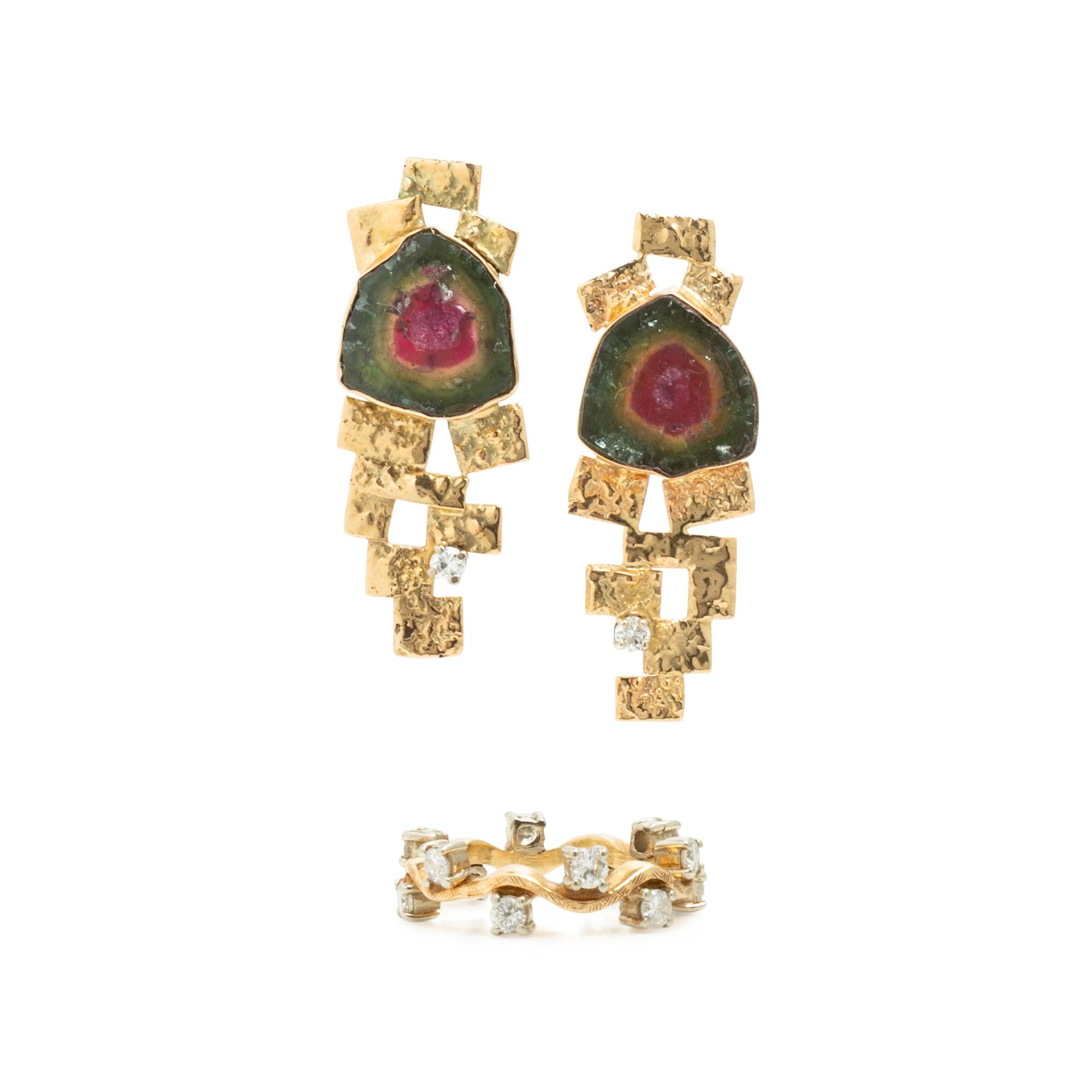 Yellow Gold and Multigem Earrings and Ring