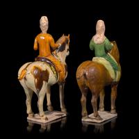 Two Chinese Sancai Glazed Pottery Equestrian Figures, Tang Dynasty — 唐 三彩騎馬俑兩尊
