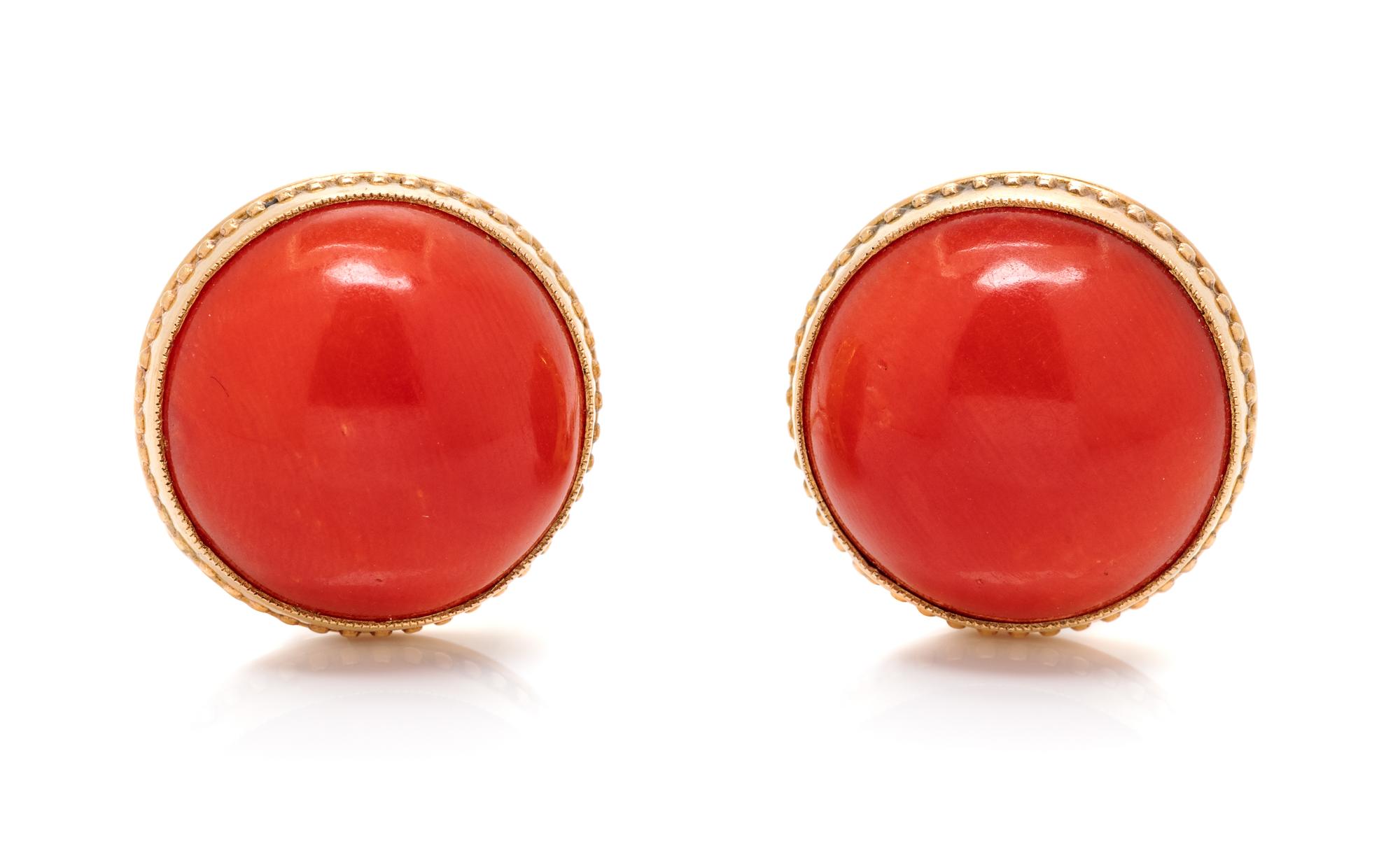 A Pair of 18 Karat Yellow Gold and Coral Earclips, 6.70 dwts.
