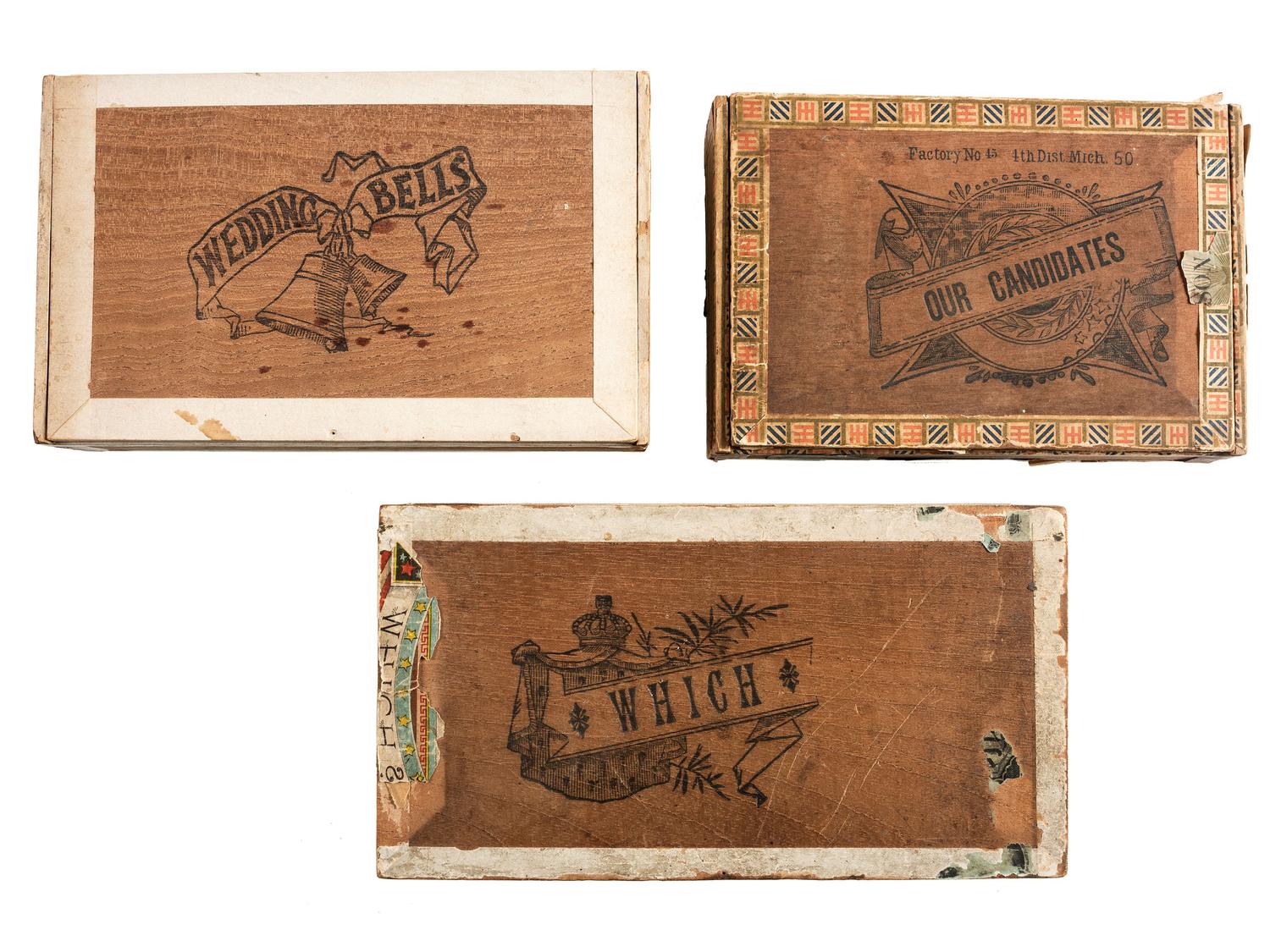 [HARRISON, Benjamin] -- [CLEVELAND, Grover]. A group of cigar boxes and early American pattern glass cups from the 1884, 1888, and 1892 presidential campaigns, comprising:
