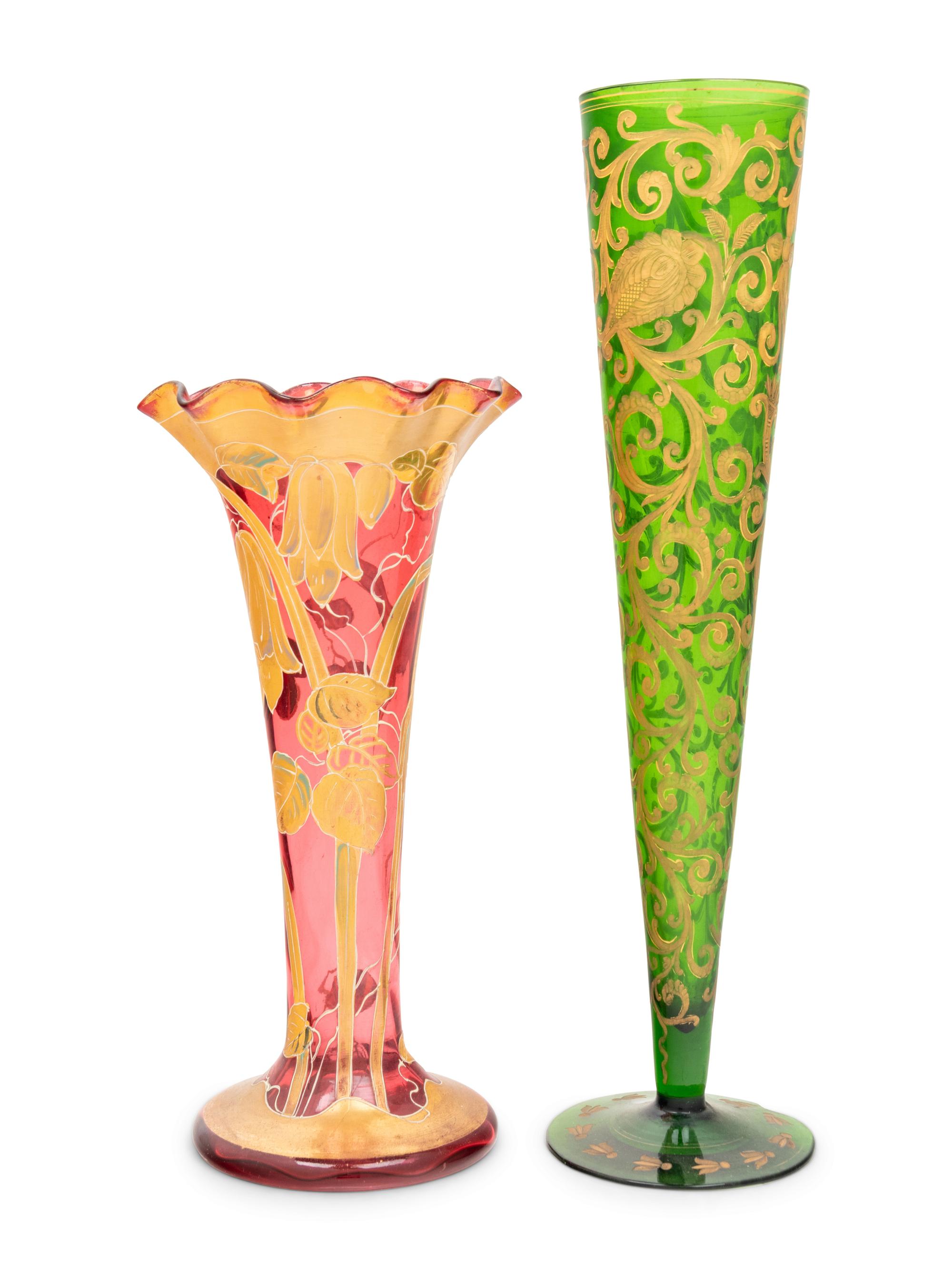 Two Gilt Decorated Colored Glass Vases