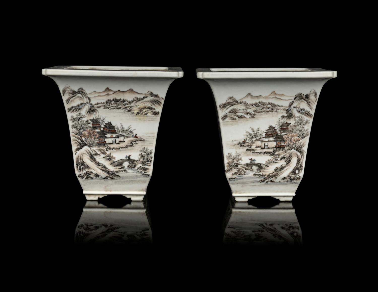 A Pair of Chinese Qianjiang Porcelain Square Cachepots