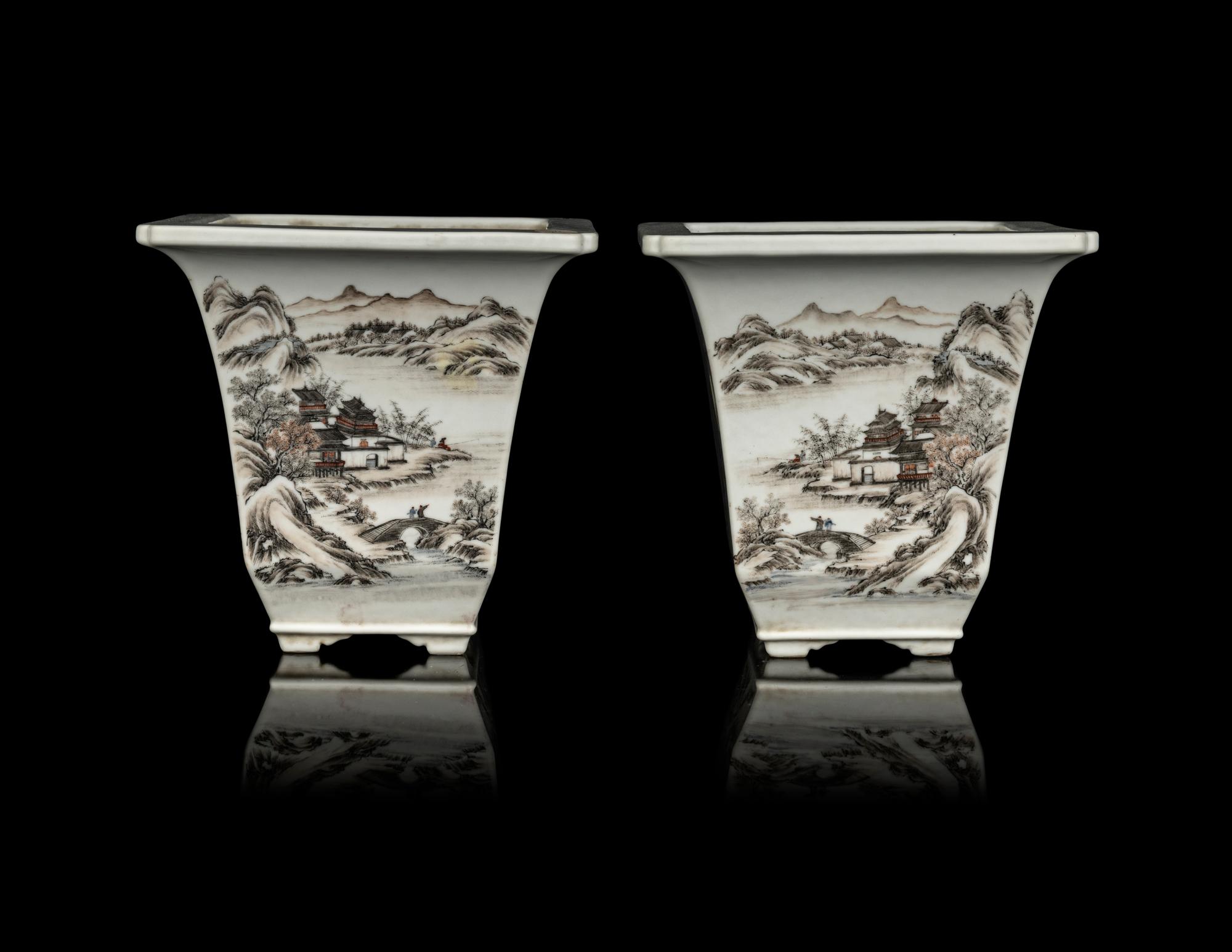 A Pair of Chinese Qianjiang Porcelain Square Cachepots