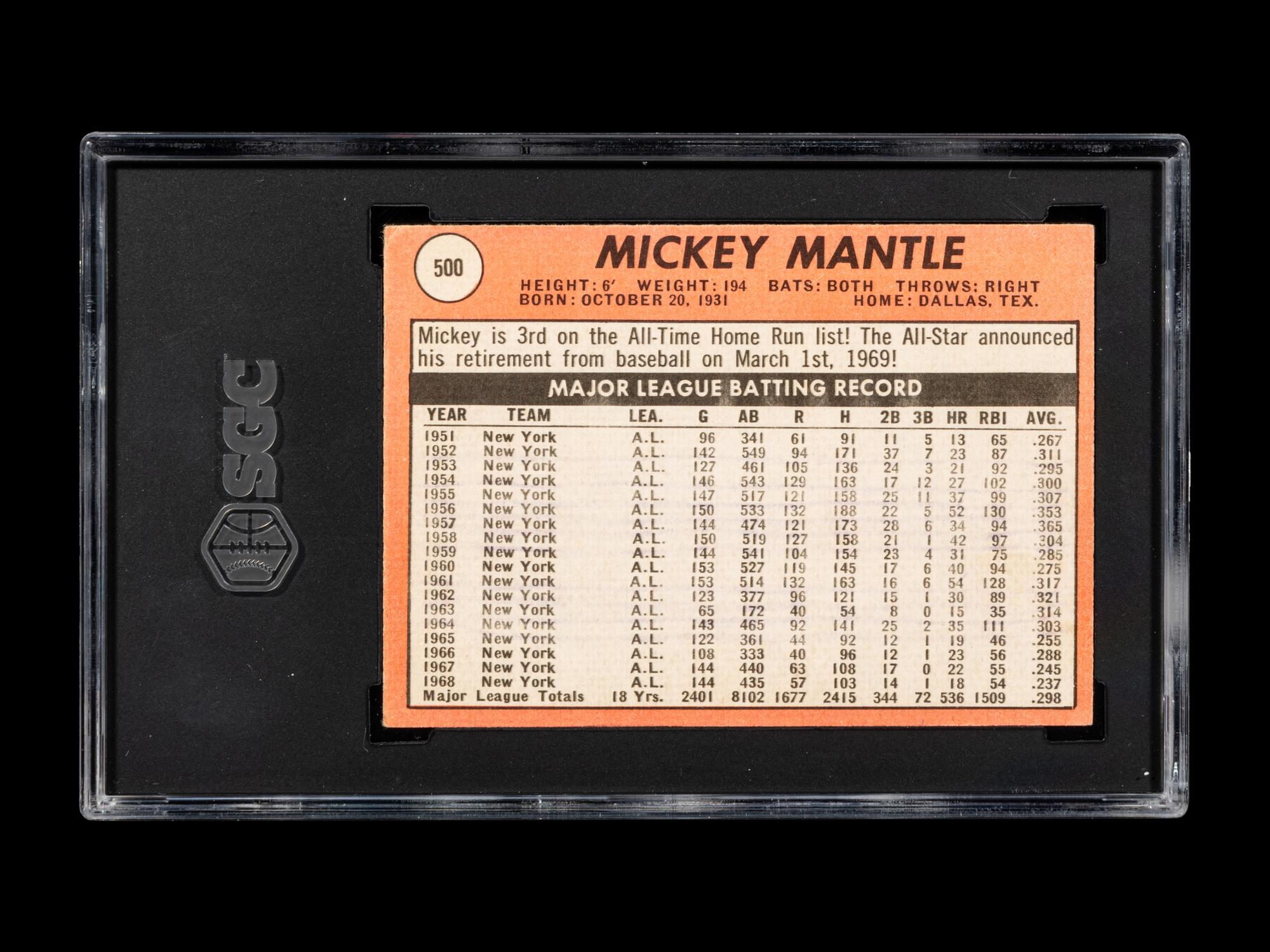 A 1969 Topps Mickey Mantle Baseball Card No. 500 (SGC 1)