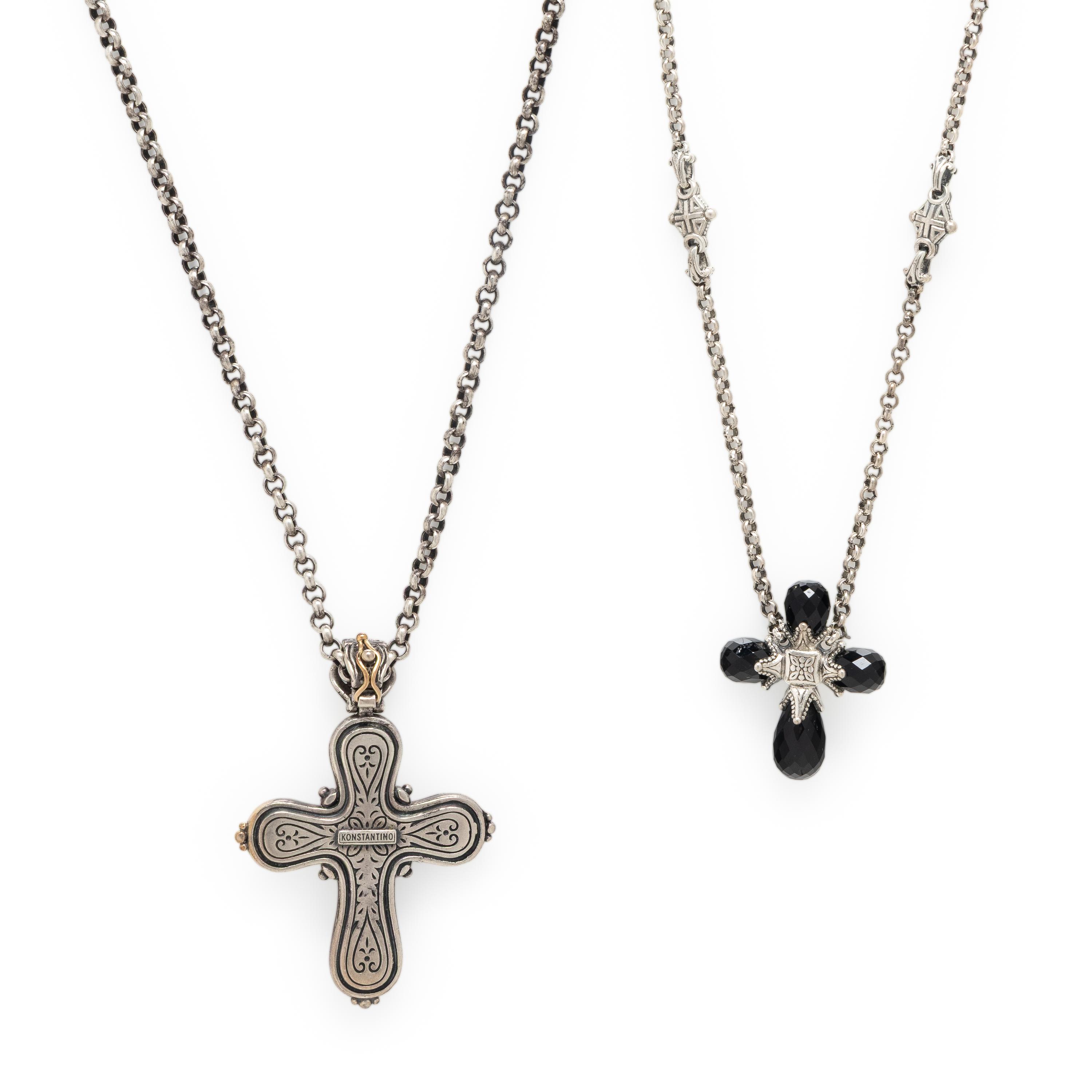 Kostantino, Two Sterling Silver and Mulitgem Cross Pendant Necklaces
