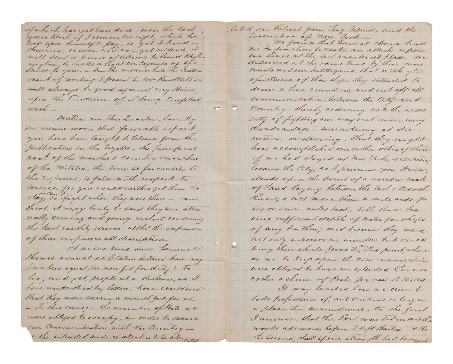 [WASHINGTON, George]. 19th century copy letter re. General Howe, New York retreat, Native American matters.