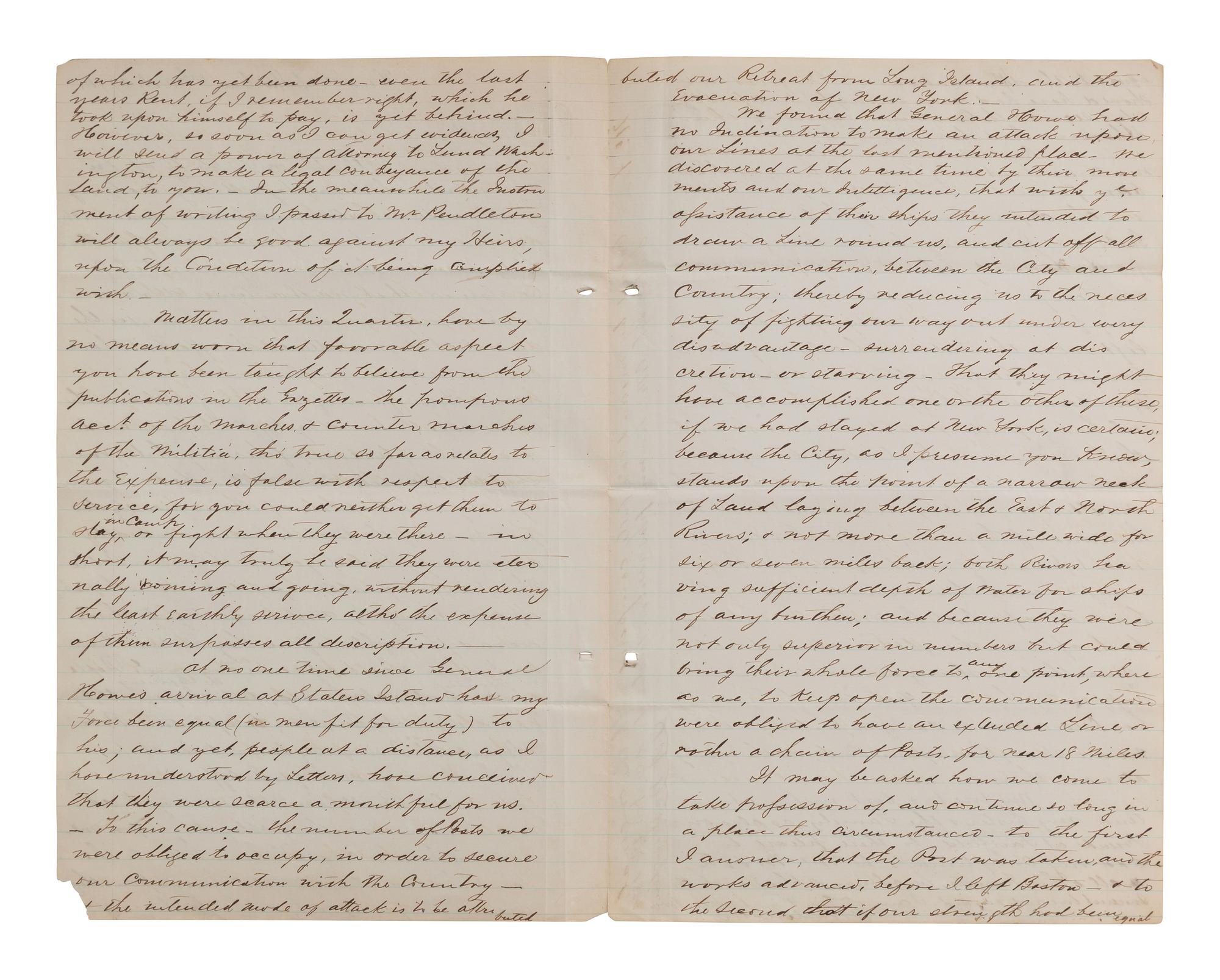 [WASHINGTON, George]. 19th century copy letter re. General Howe, New York retreat, Native American matters.