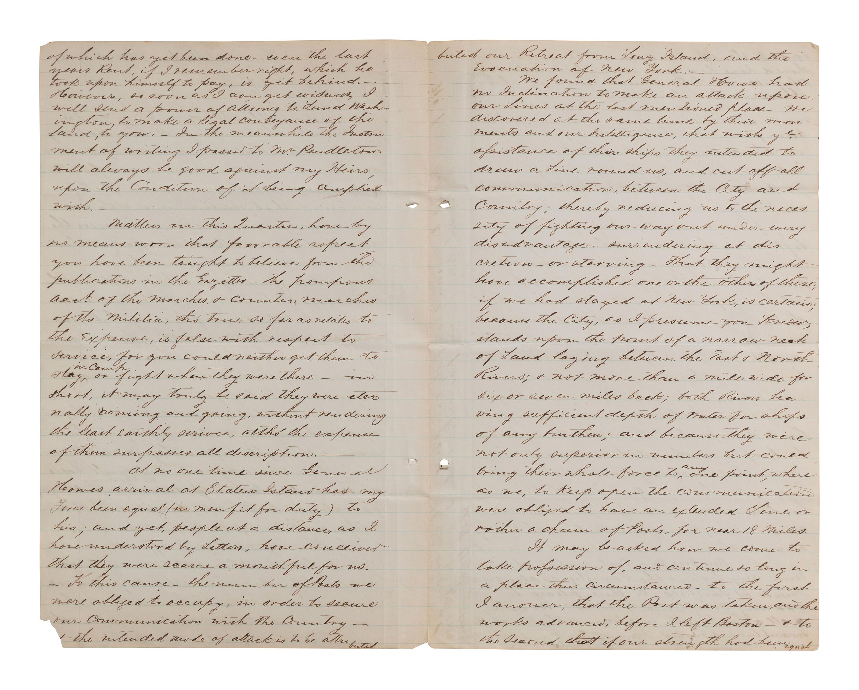 [WASHINGTON, George]. 19th century copy letter re. General Howe, New York retreat, Native American matters.