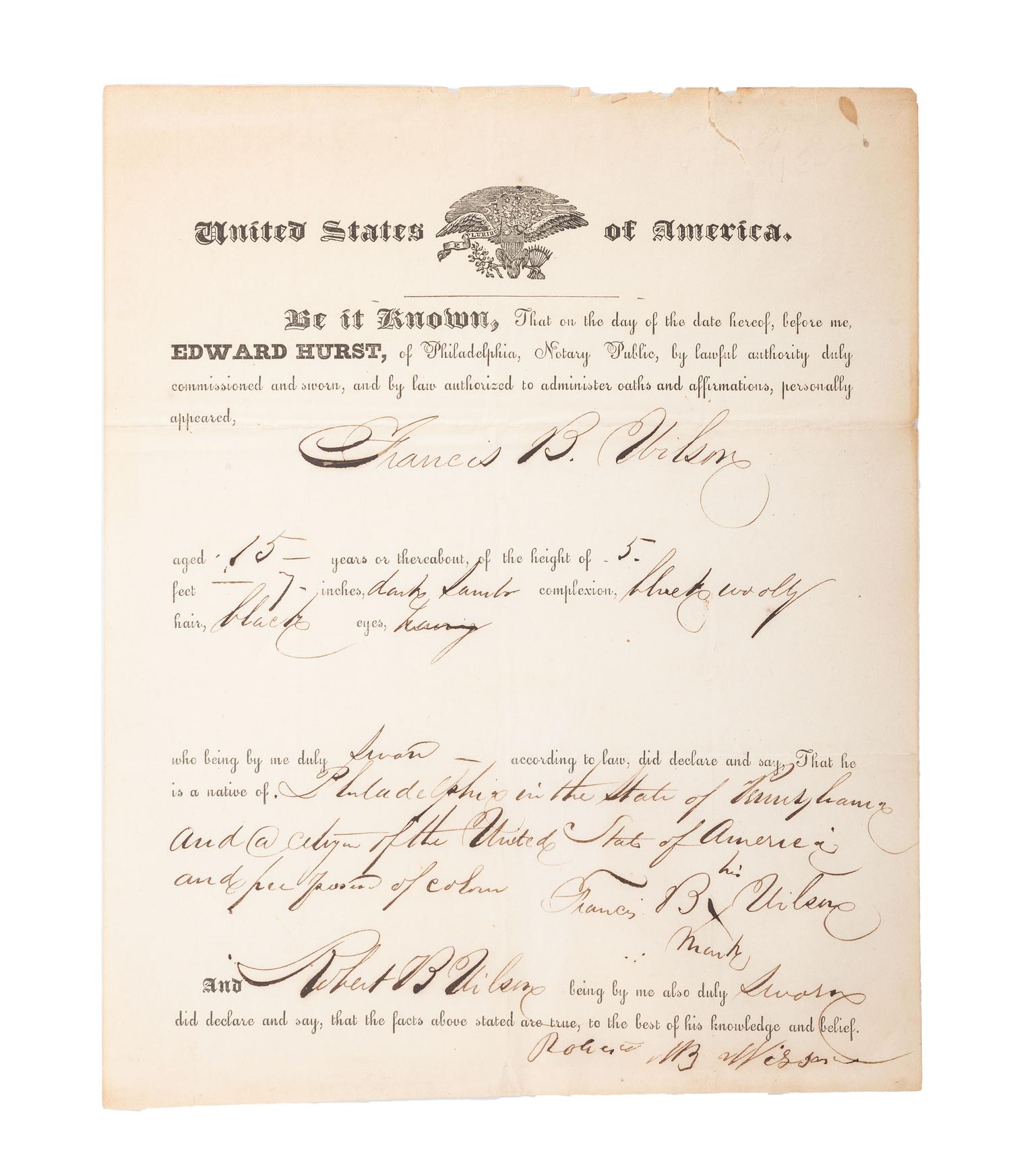 [SLAVERY & ABOLITION]. Partly-printed protection paper for Francis B. Wilson, certifying his status as a "free person of color." [Philadelphia, PA], n.d.