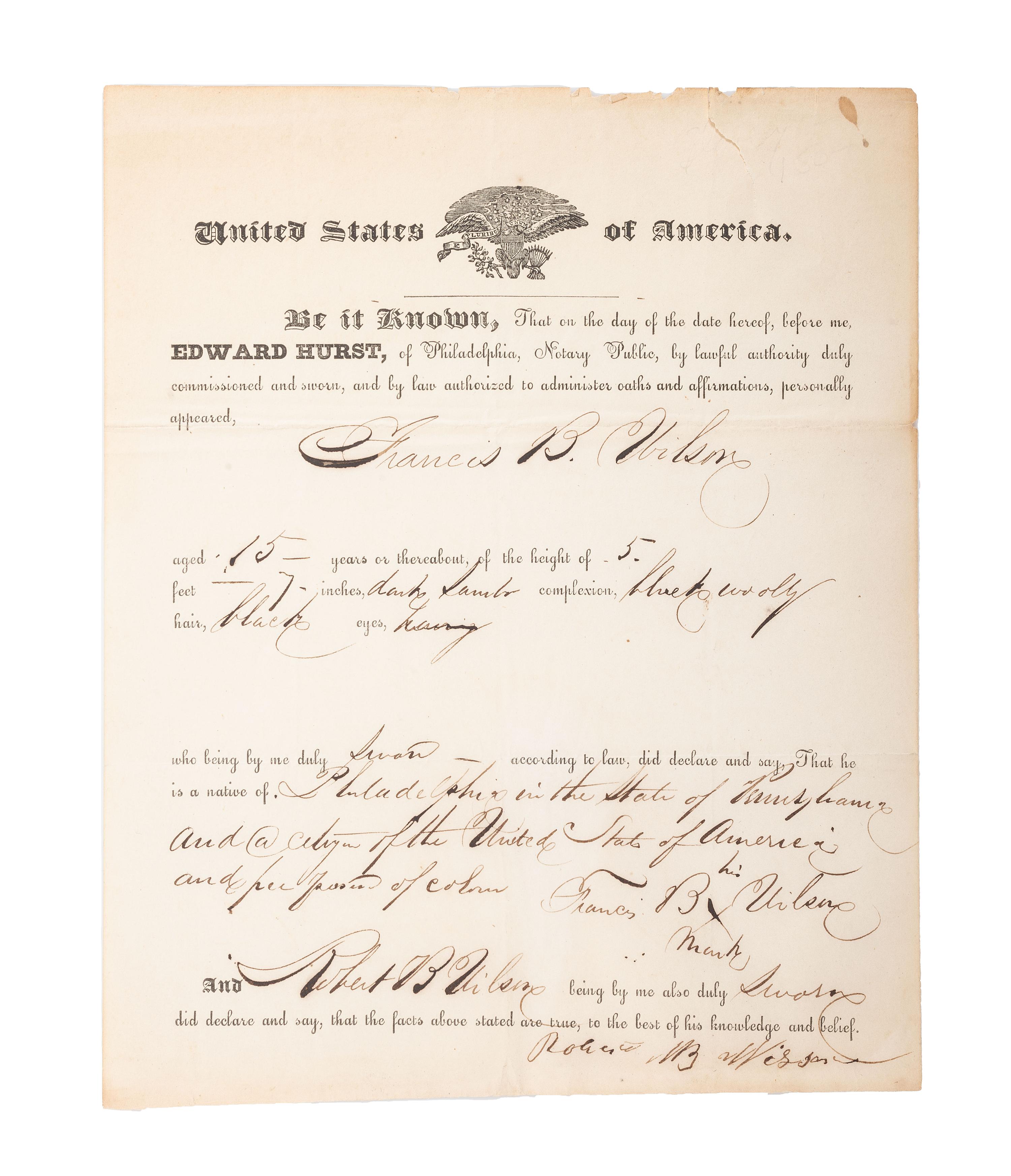 [SLAVERY & ABOLITION]. Partly-printed protection paper for Francis B. Wilson, certifying his status as a "free person of color." [Philadelphia, PA], n.d.