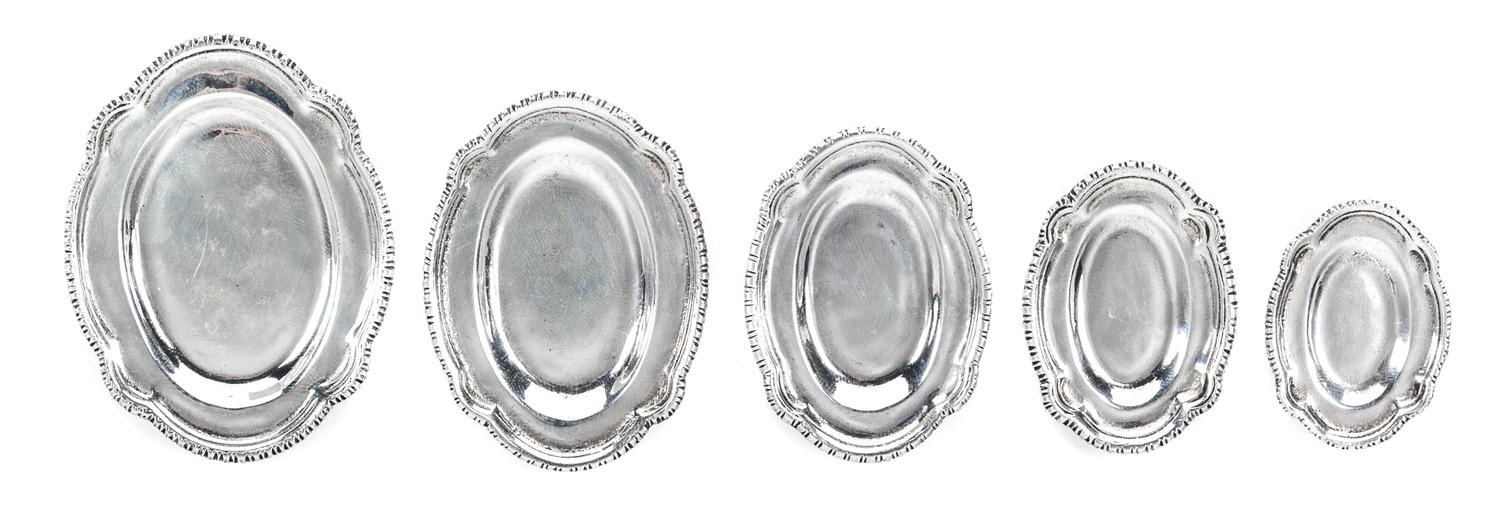 A Set of Five Silver Graduated Trays, William B. Meyers Co., Newark, NJ, each of shaped oval form.