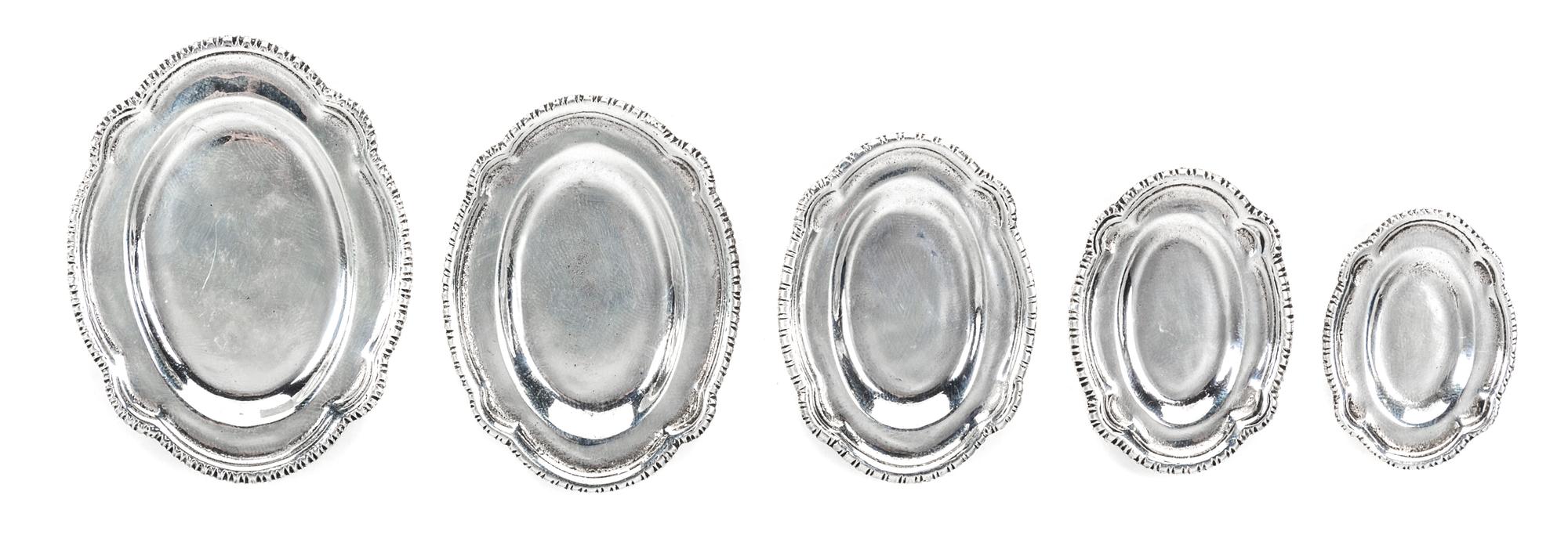 A Set of Five Silver Graduated Trays, William B. Meyers Co., Newark, NJ, each of shaped oval form.