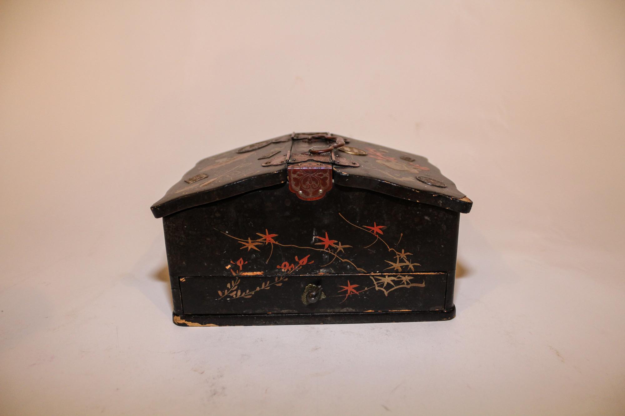 A Japanese Lacquered Wood Jewelry Box Length 7 1/2 inches.