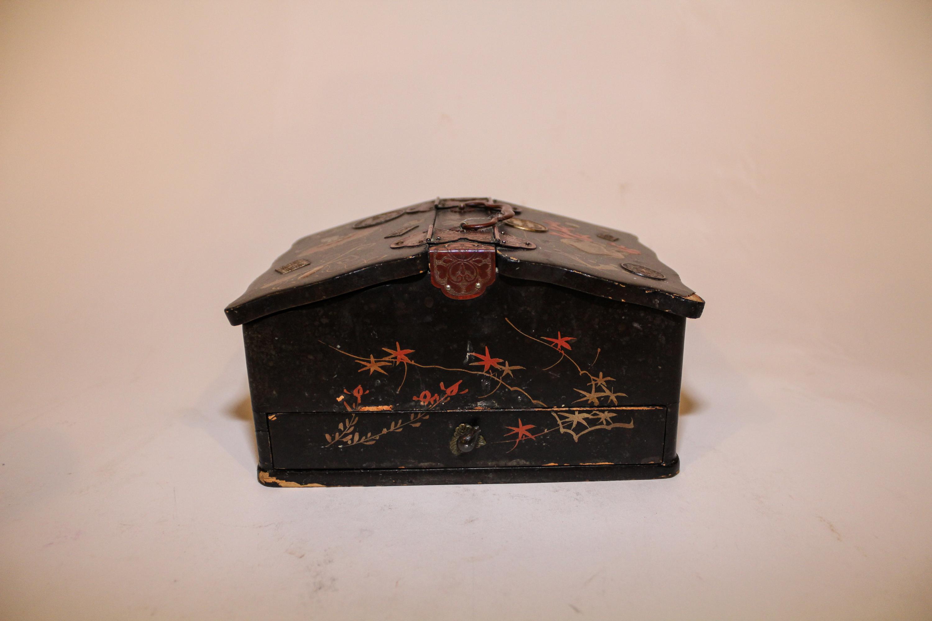 A Japanese Lacquered Wood Jewelry Box Length 7 1/2 inches.
