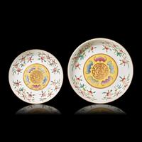 Two Chinese Famille Rose Enameled Porcelain " Wufu " Dishes 粉彩五福盤兩件