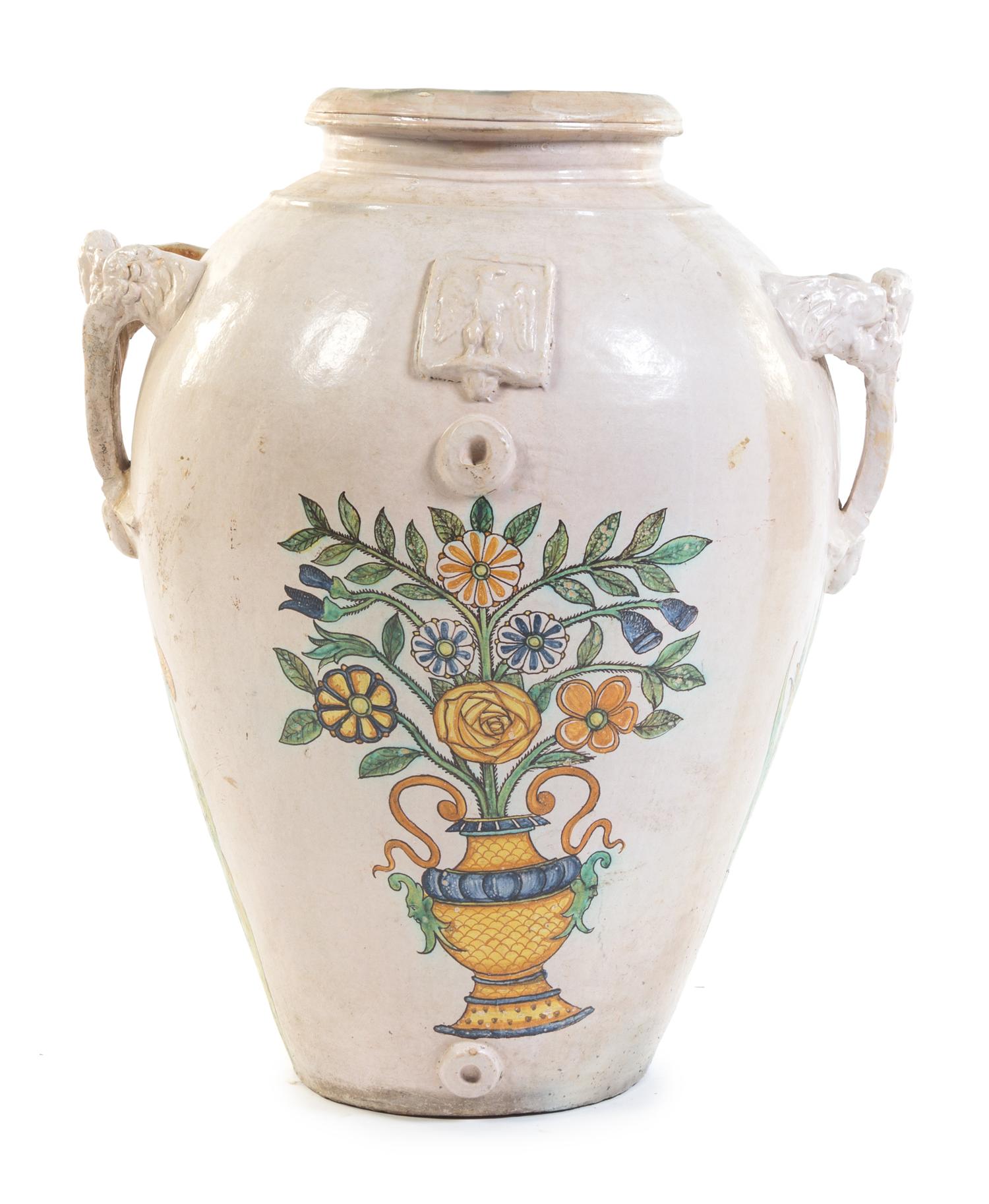 A Large Italian Faience Twin-Handled Jar Height 35 inches.