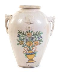 A Large Italian Faience Twin-Handled Jar Height 35 inches.